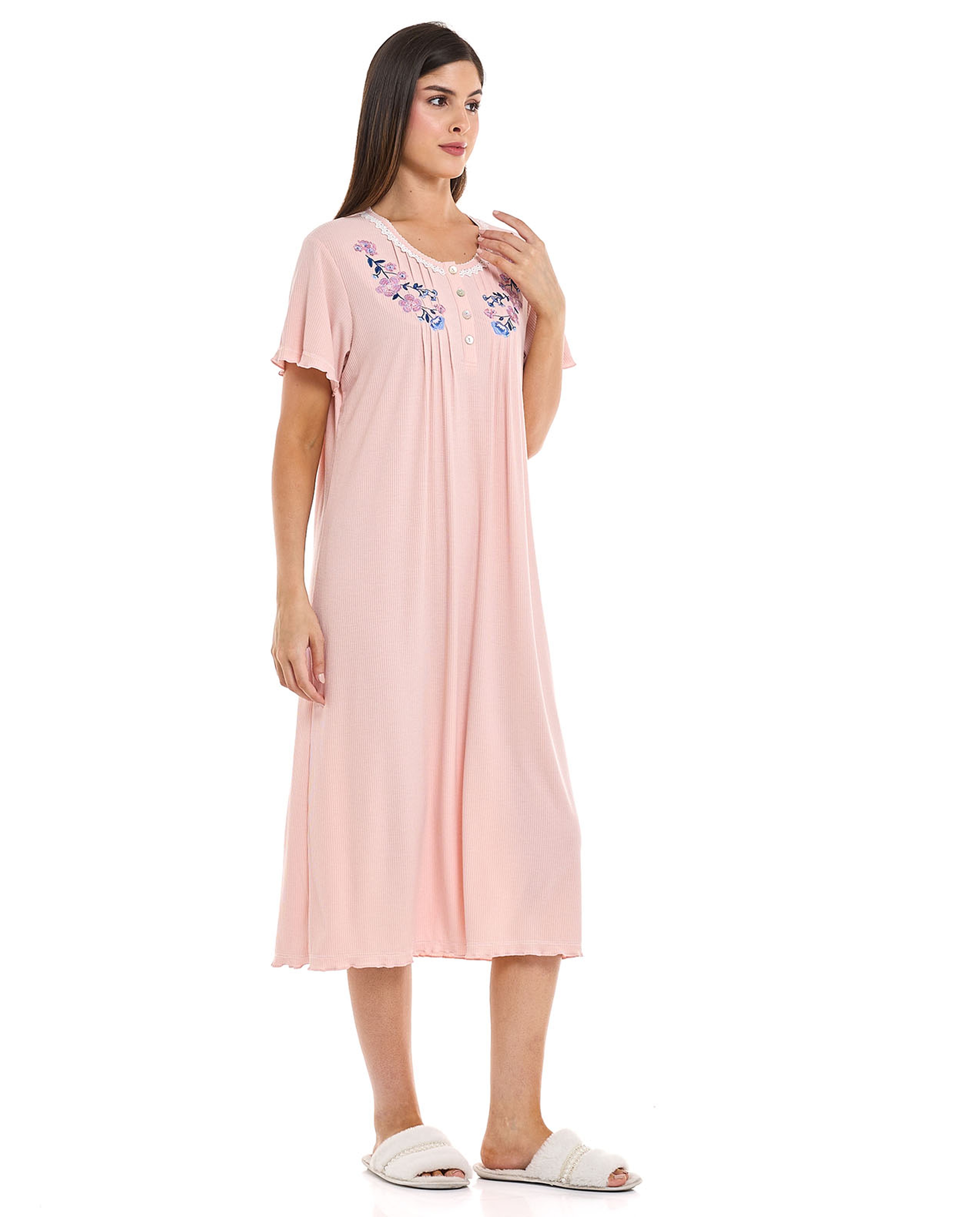 Embroidered Night Gown with Short Sleeves