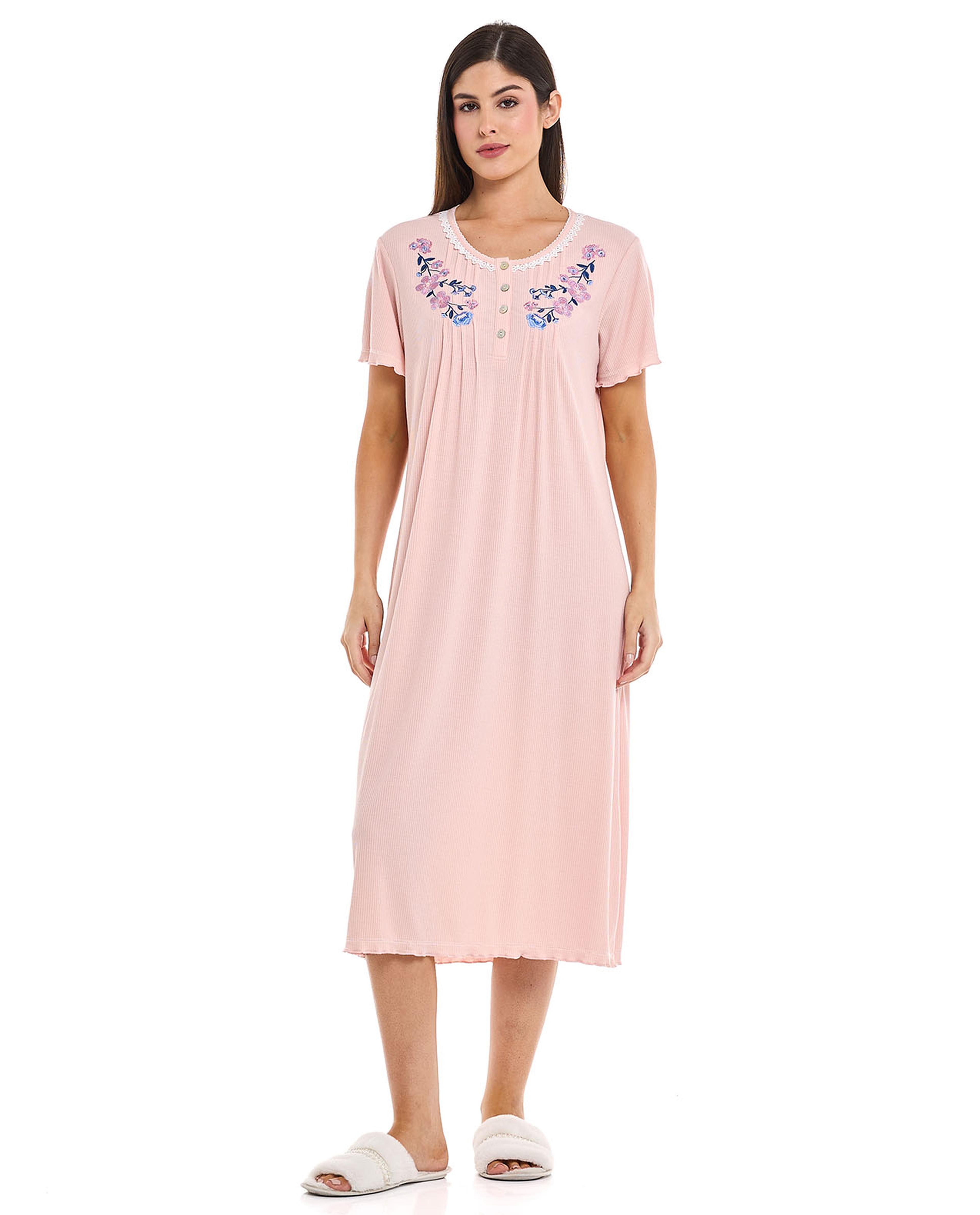 Embroidered Night Gown with Short Sleeves