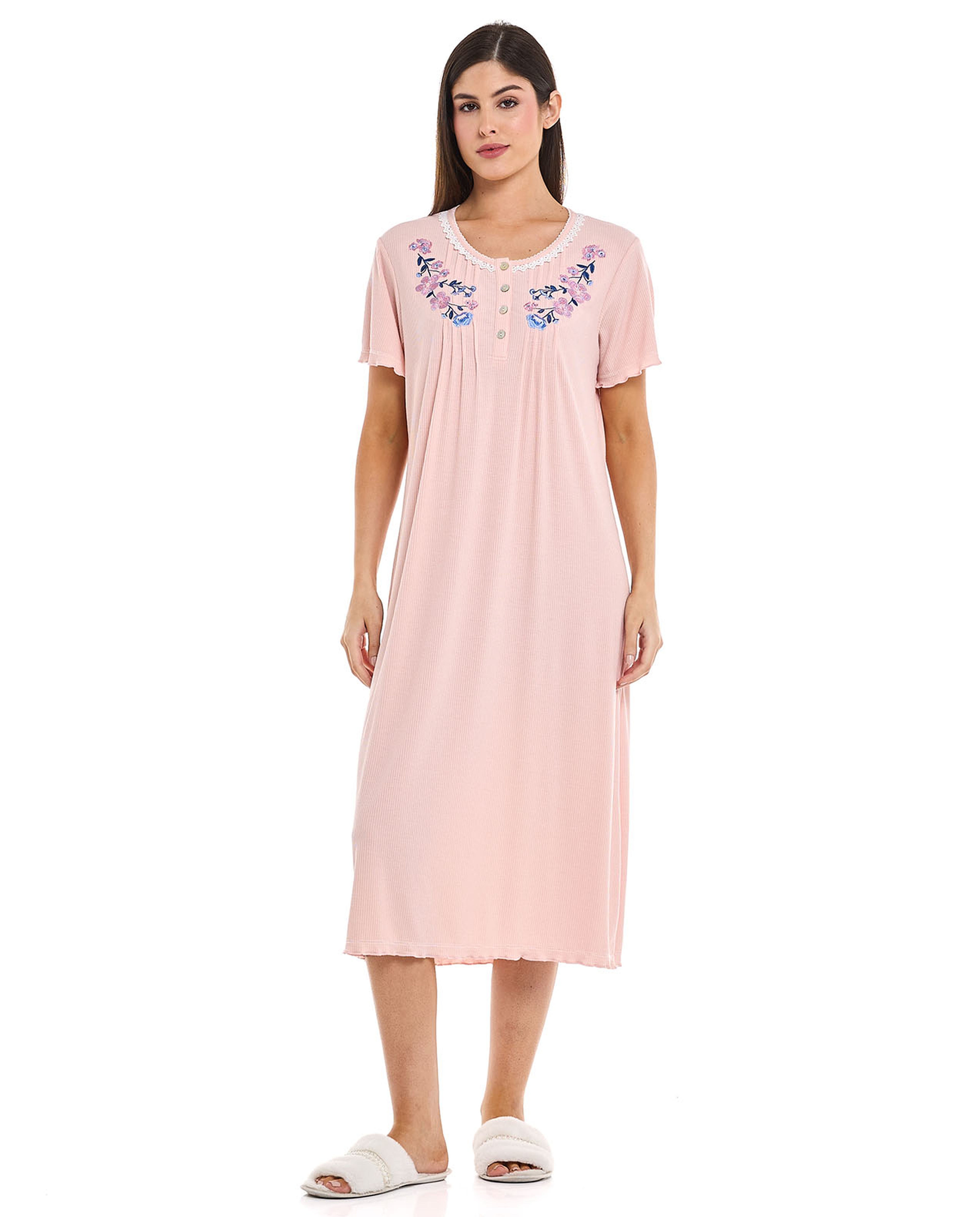 Embroidered Night Gown with Short Sleeves