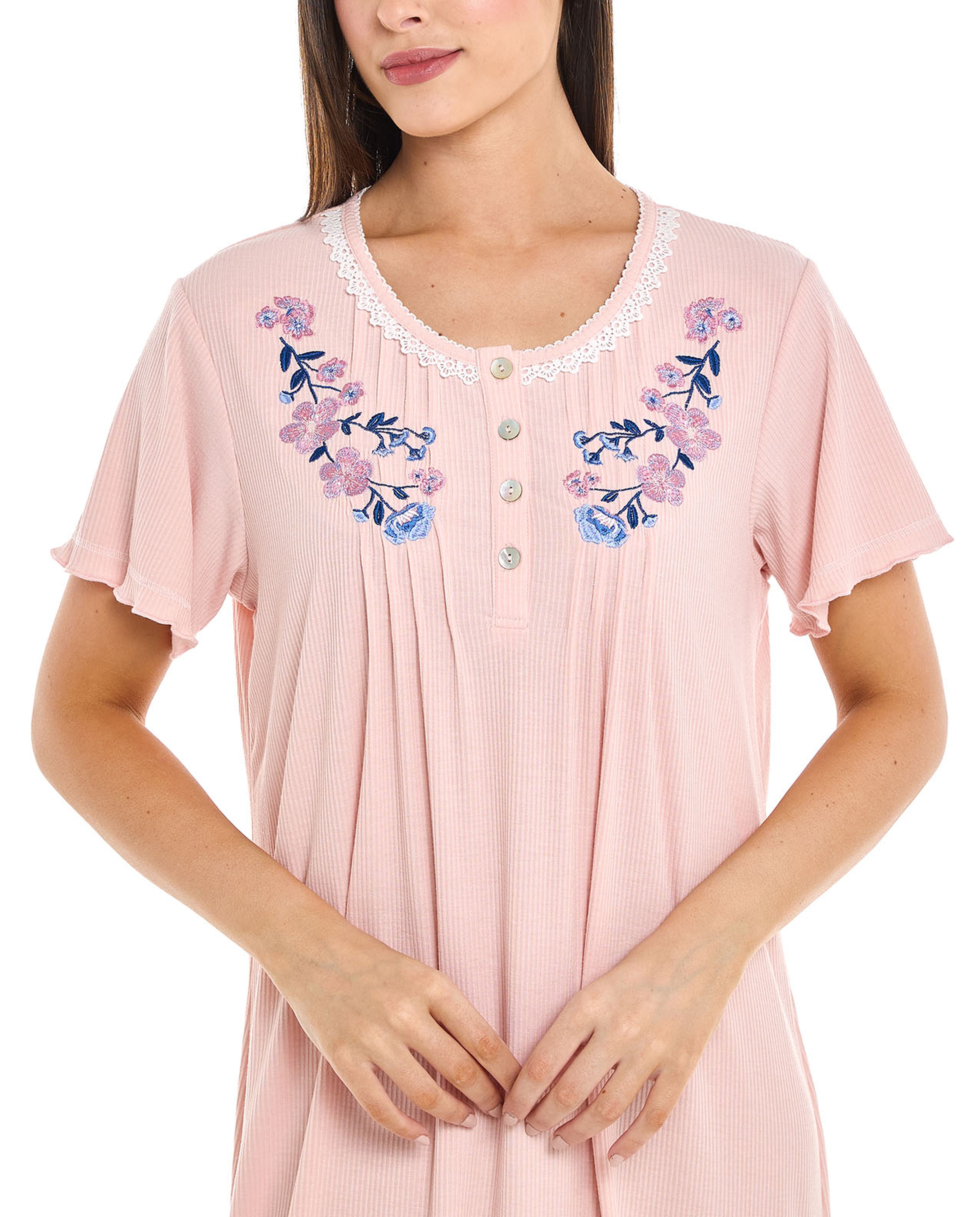 Embroidered Night Gown with Short Sleeves