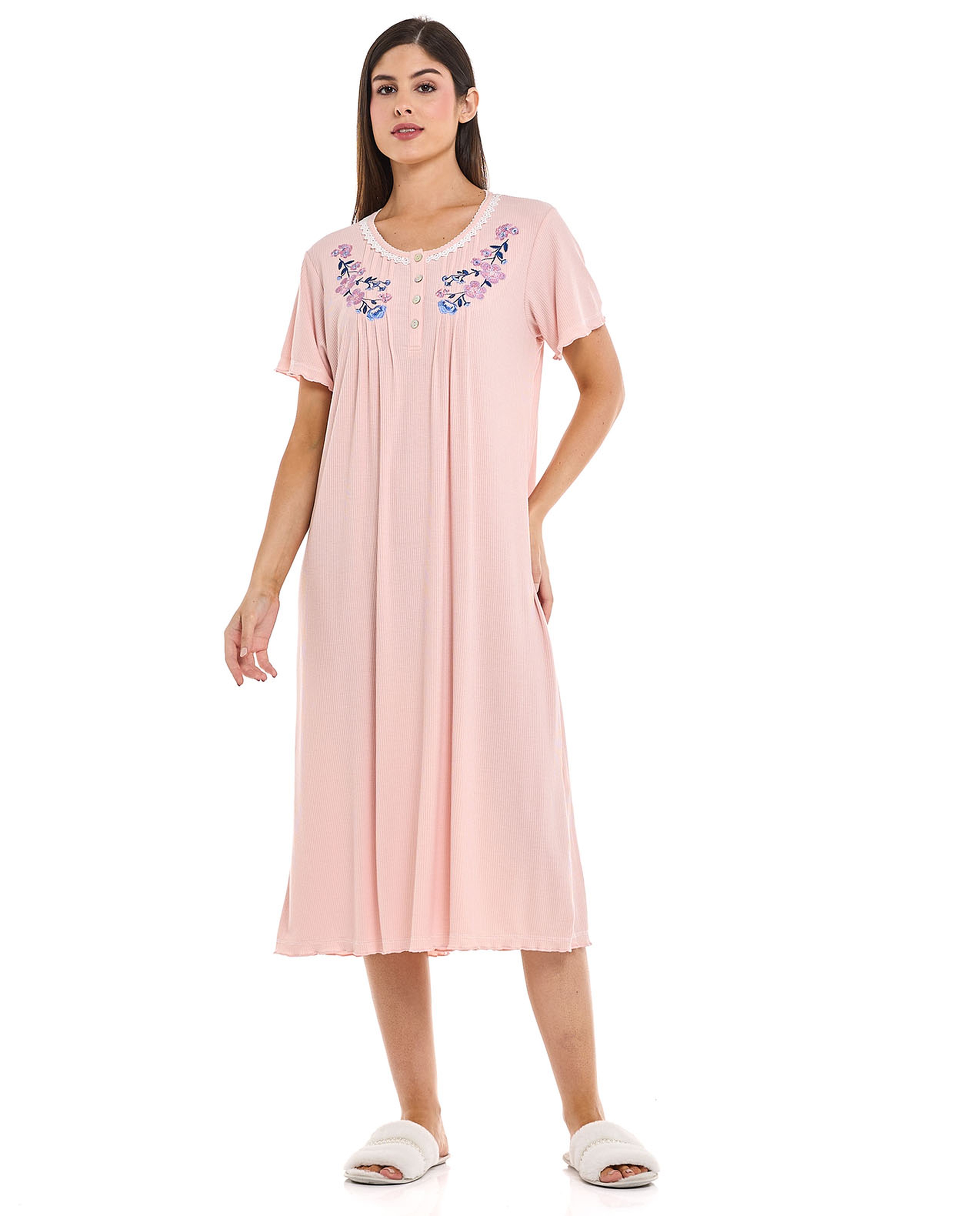 Embroidered Night Gown with Short Sleeves