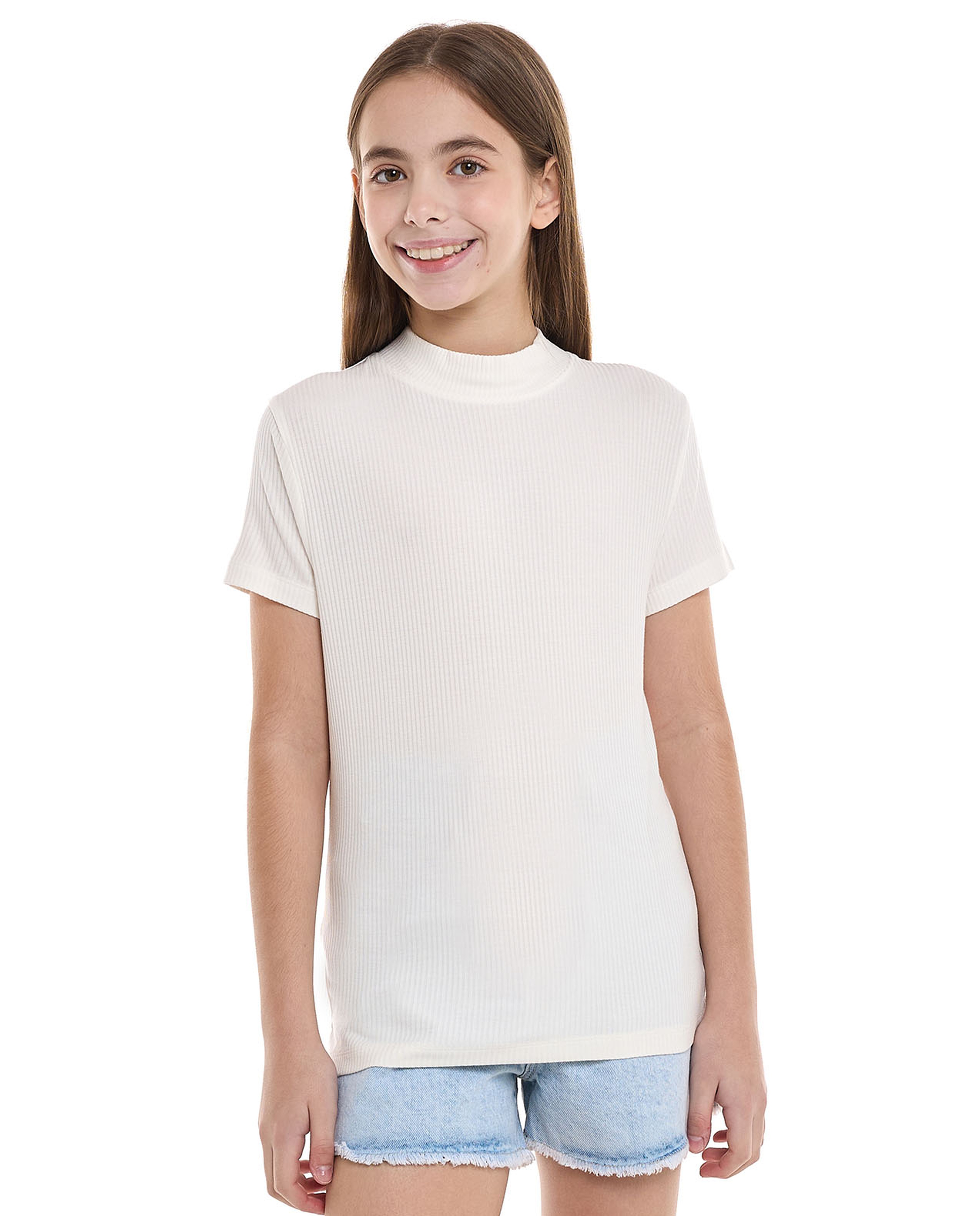 Ribbed Top With Mock Neck And Short Sleeves