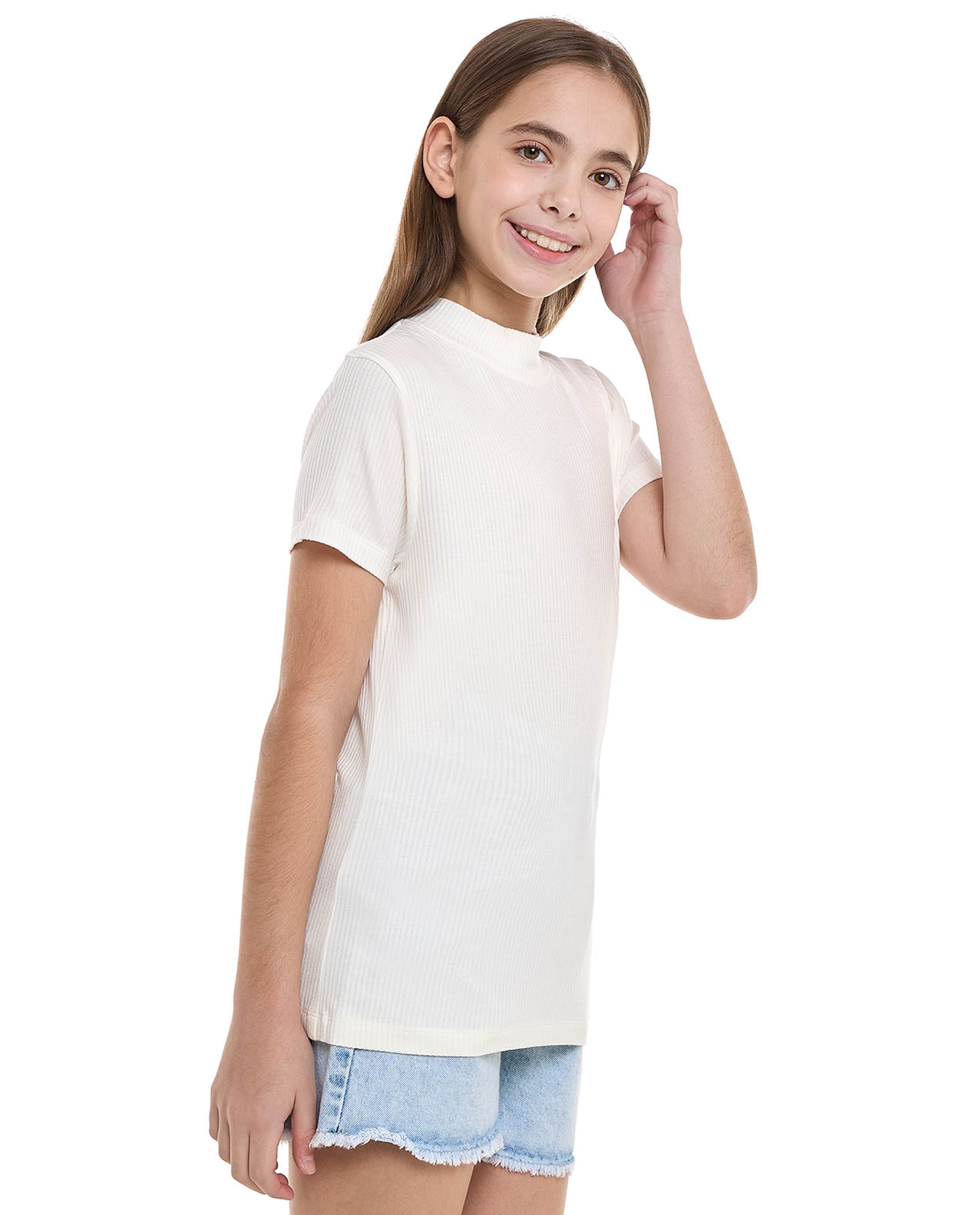 Ribbed Top With Mock Neck And Short Sleeves