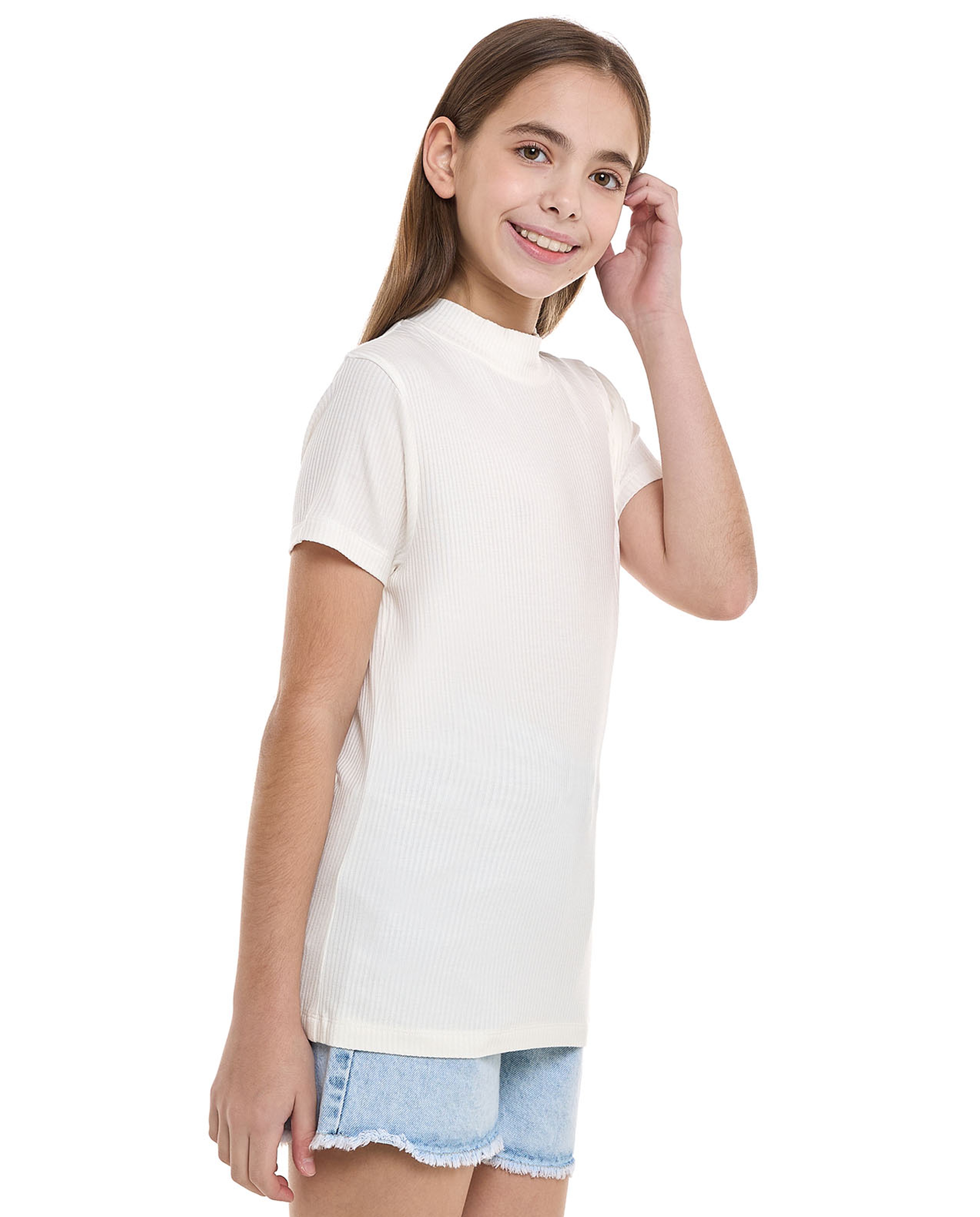 Ribbed Top With Mock Neck And Short Sleeves