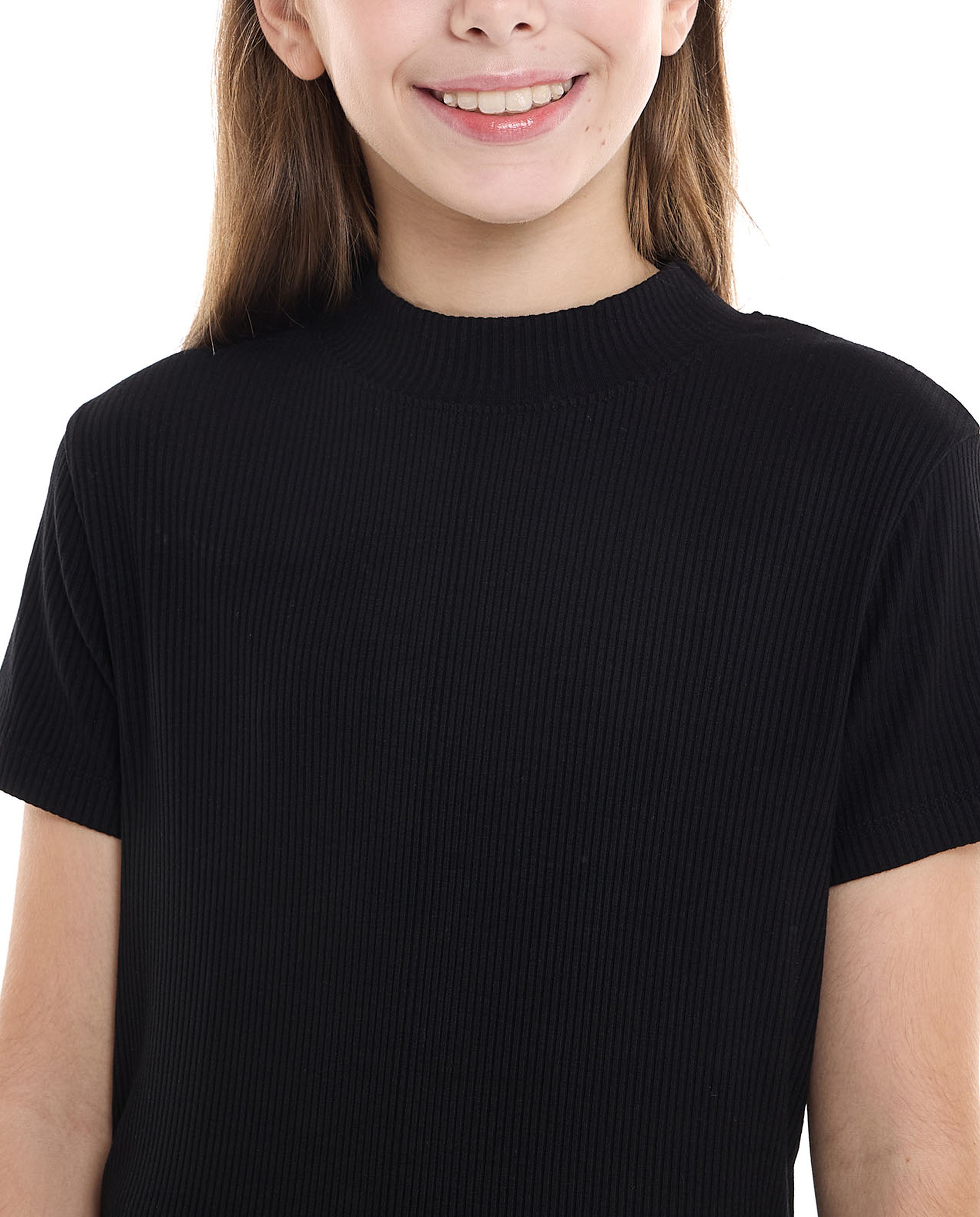 Ribbed Top With Mock Neck And Short Sleeves