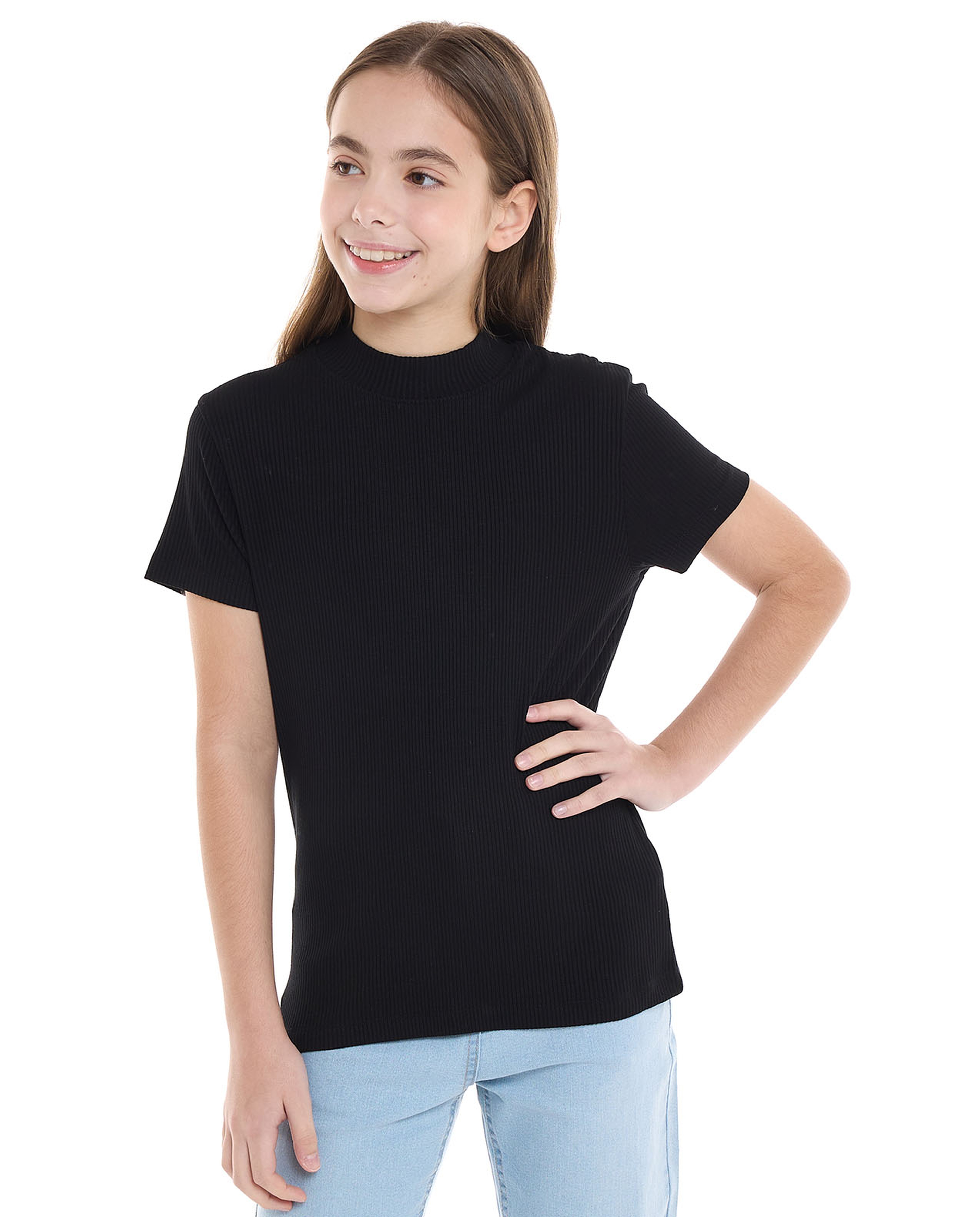 Ribbed Top With Mock Neck And Short Sleeves
