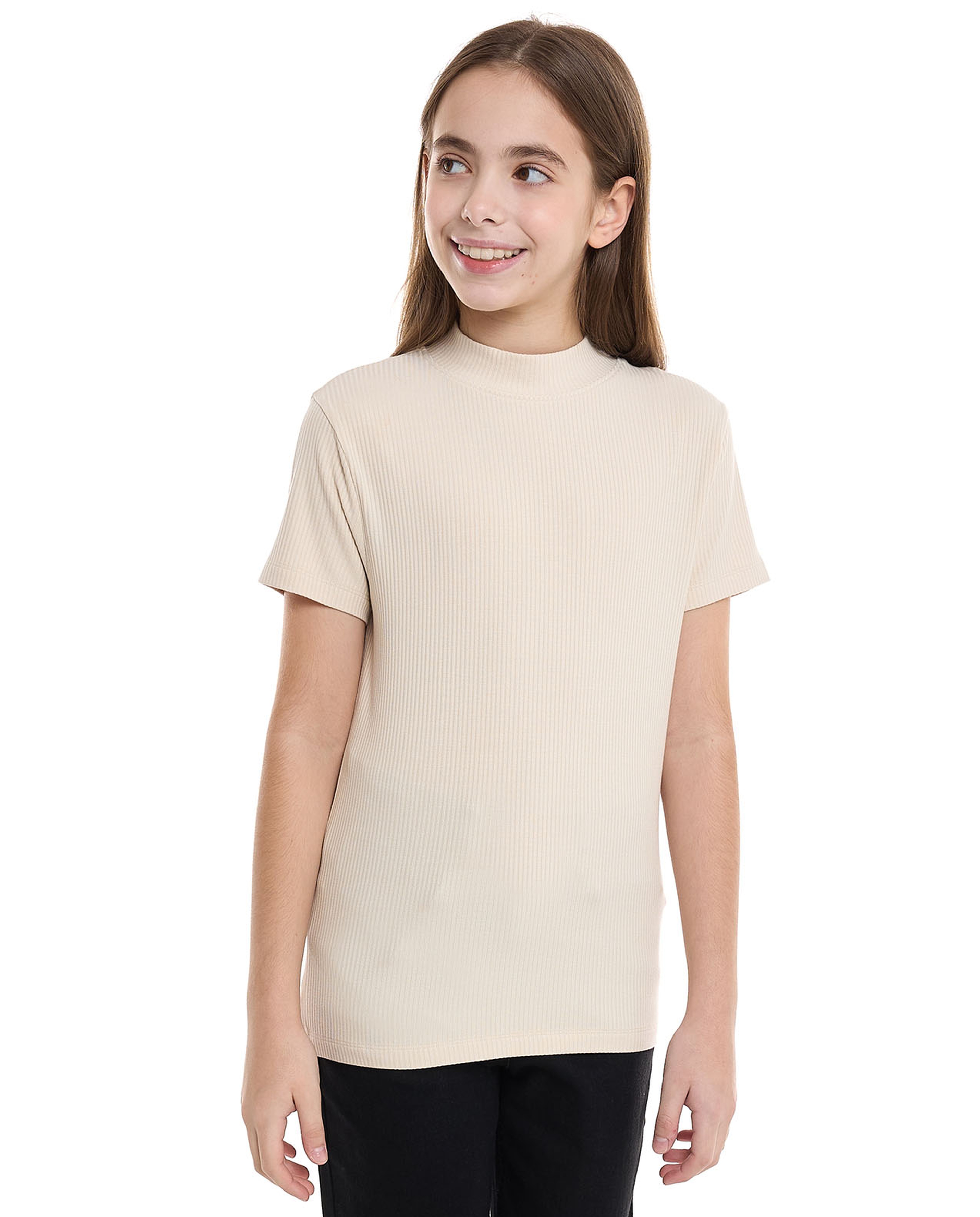 Ribbed Top With Mock Neck And Short Sleeves
