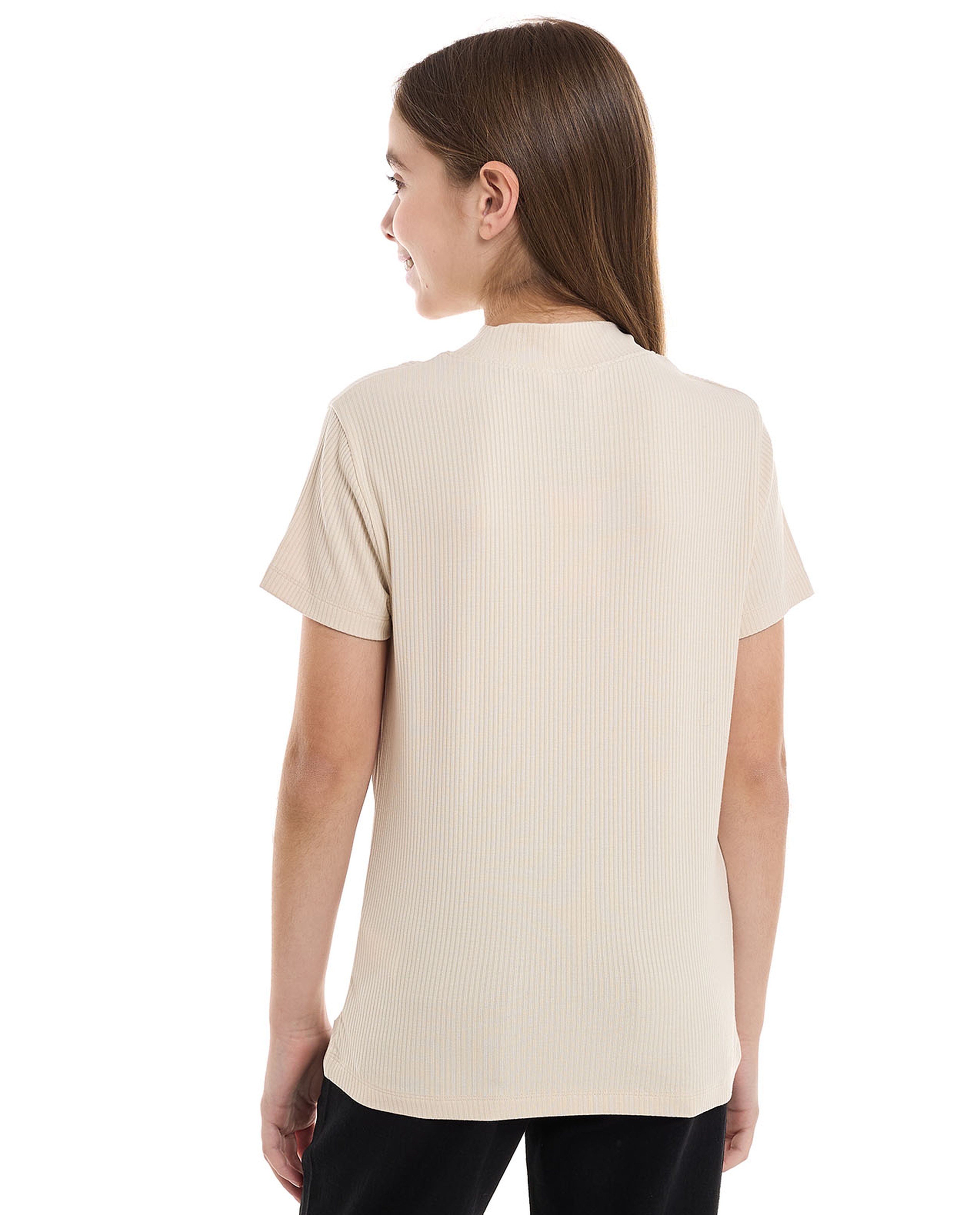 Ribbed Top With Mock Neck And Short Sleeves