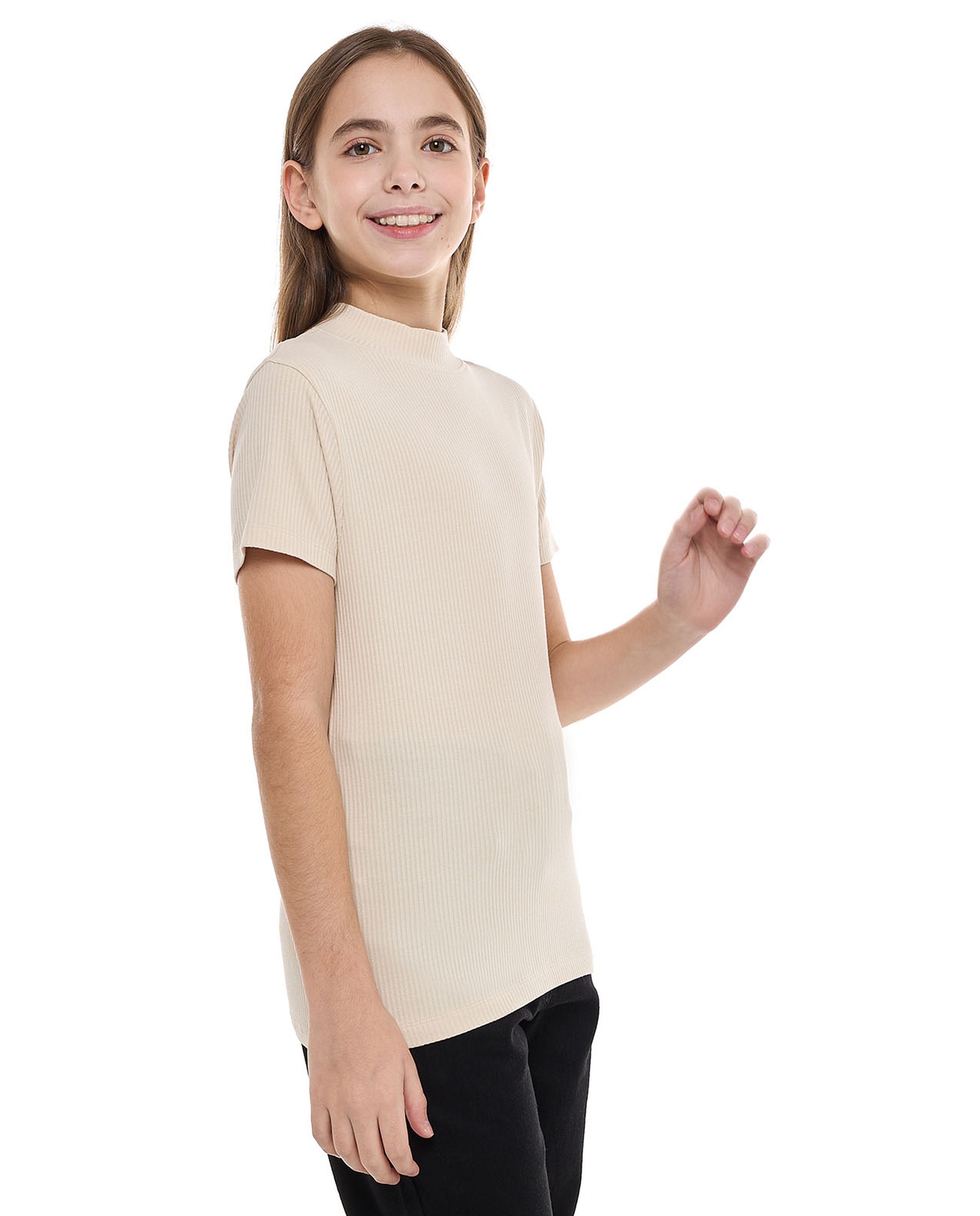 Ribbed Top With Mock Neck And Short Sleeves