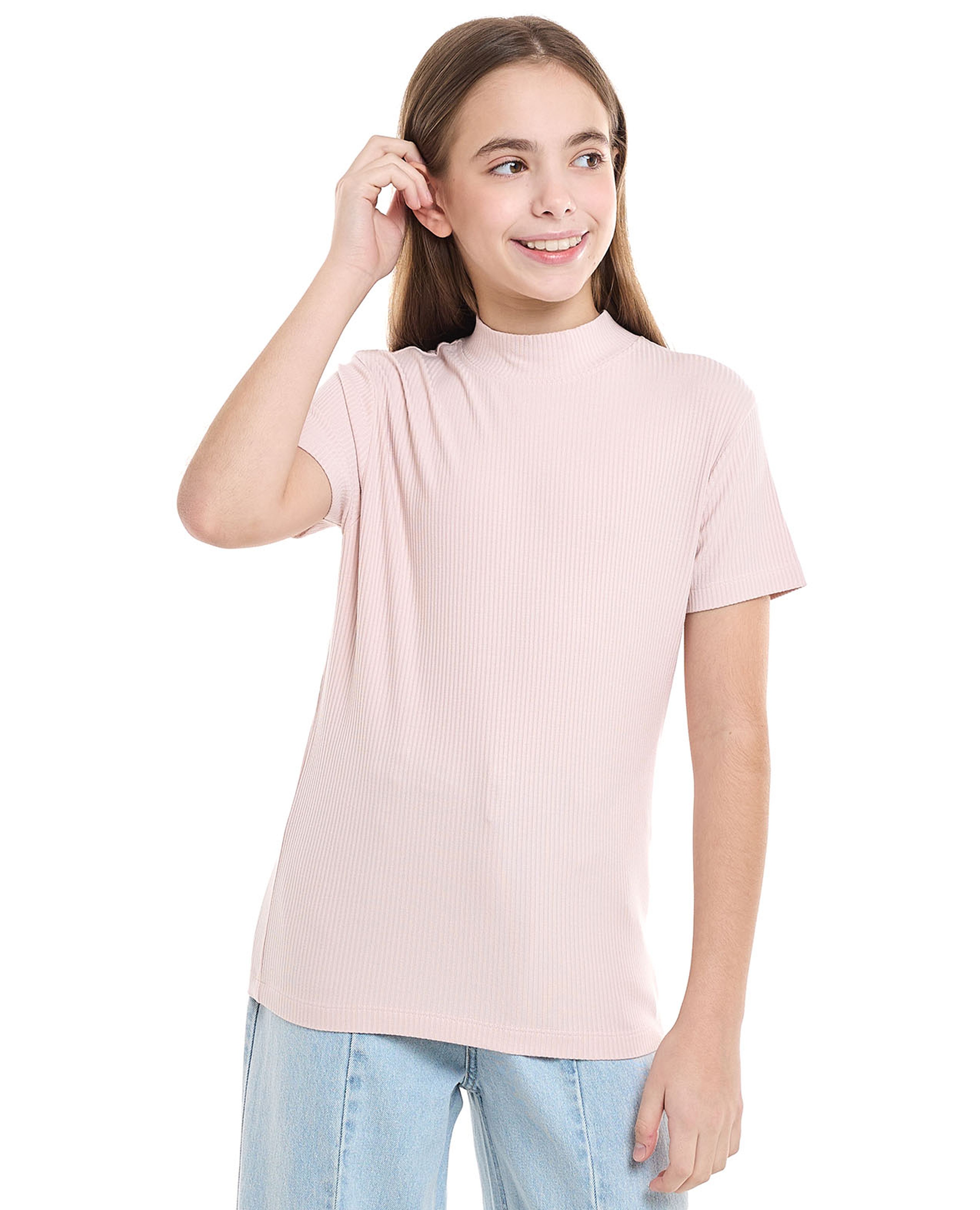 Ribbed Top With Mock Neck And Short Sleeves