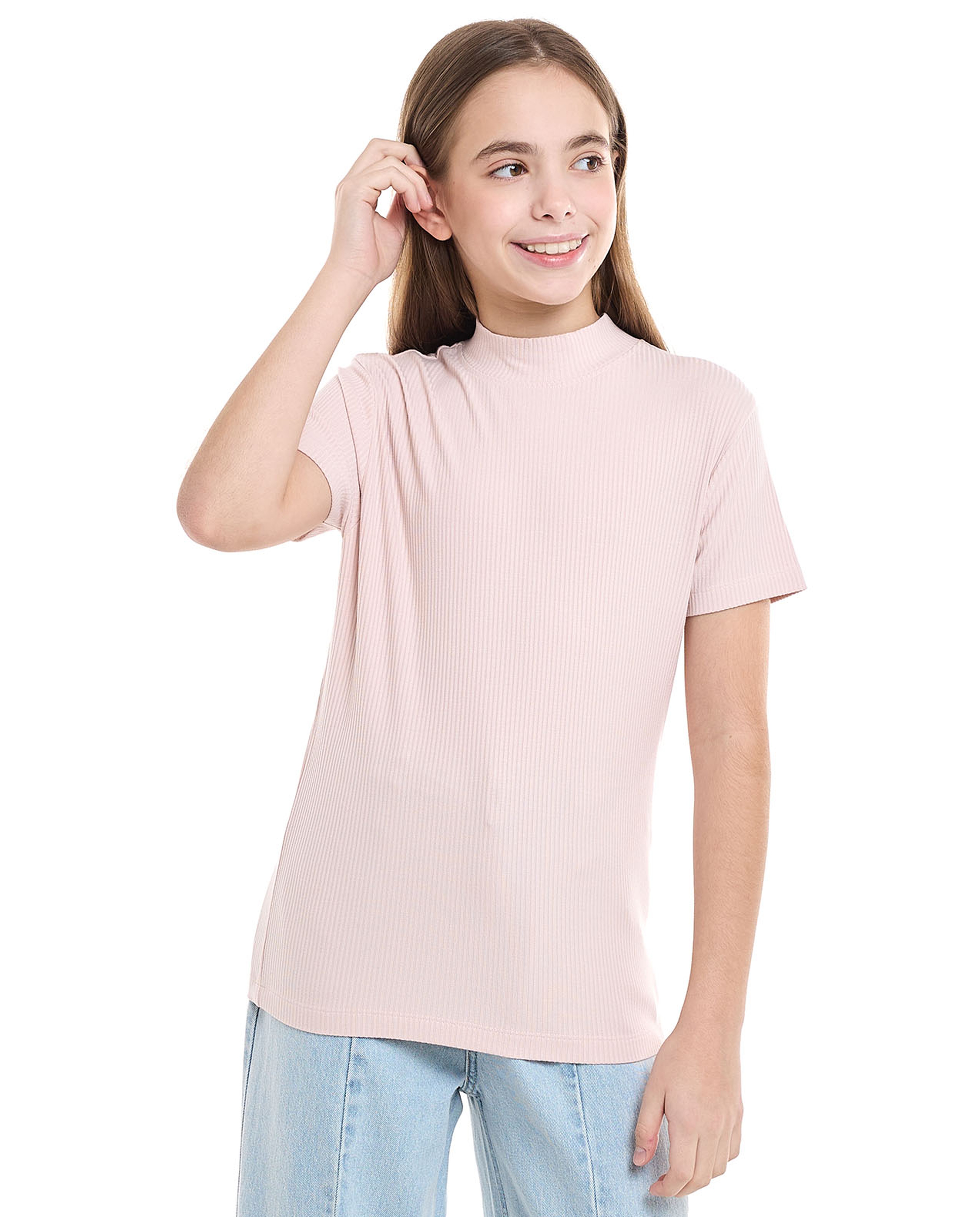 Ribbed Top With Mock Neck And Short Sleeves