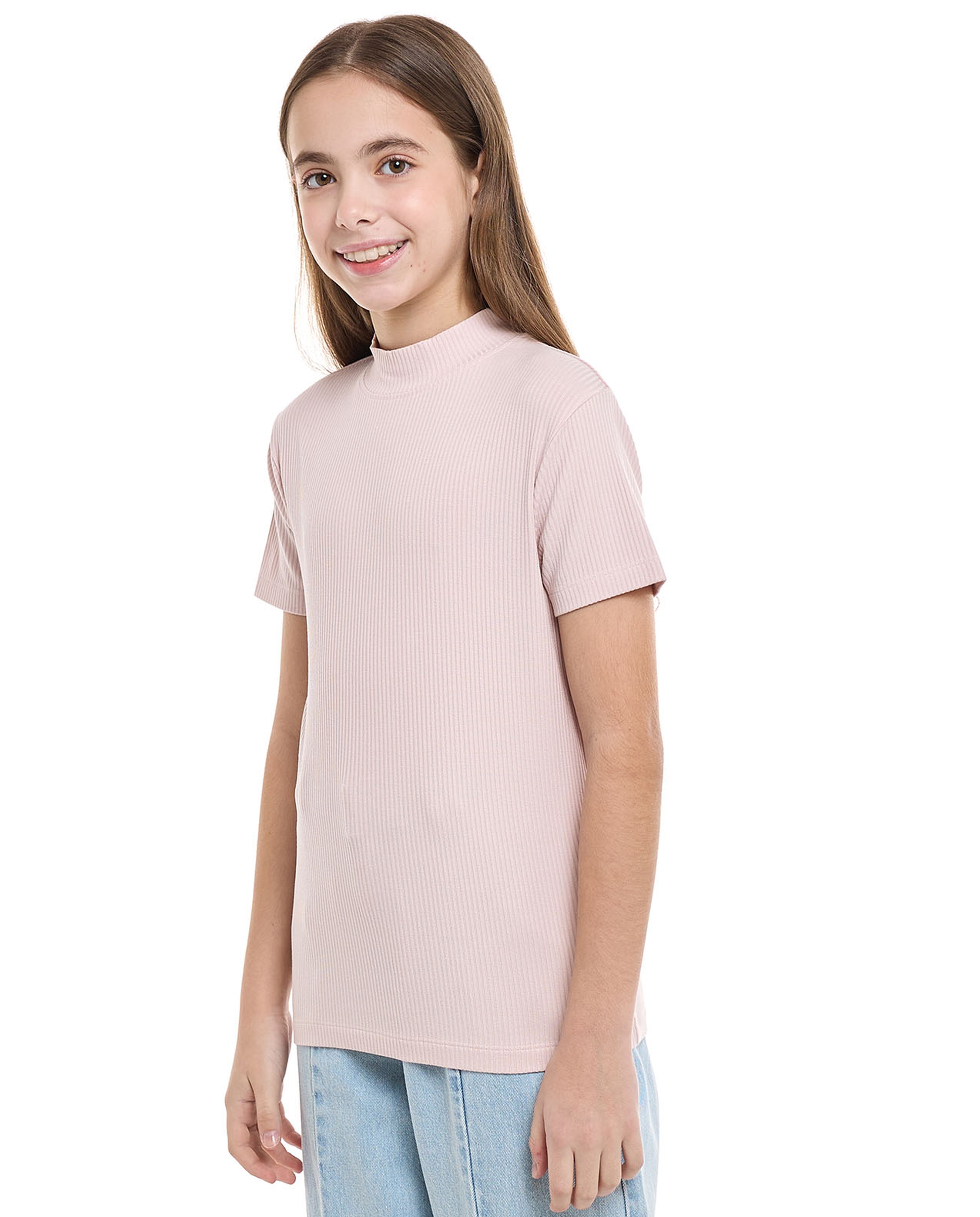 Ribbed Top With Mock Neck And Short Sleeves