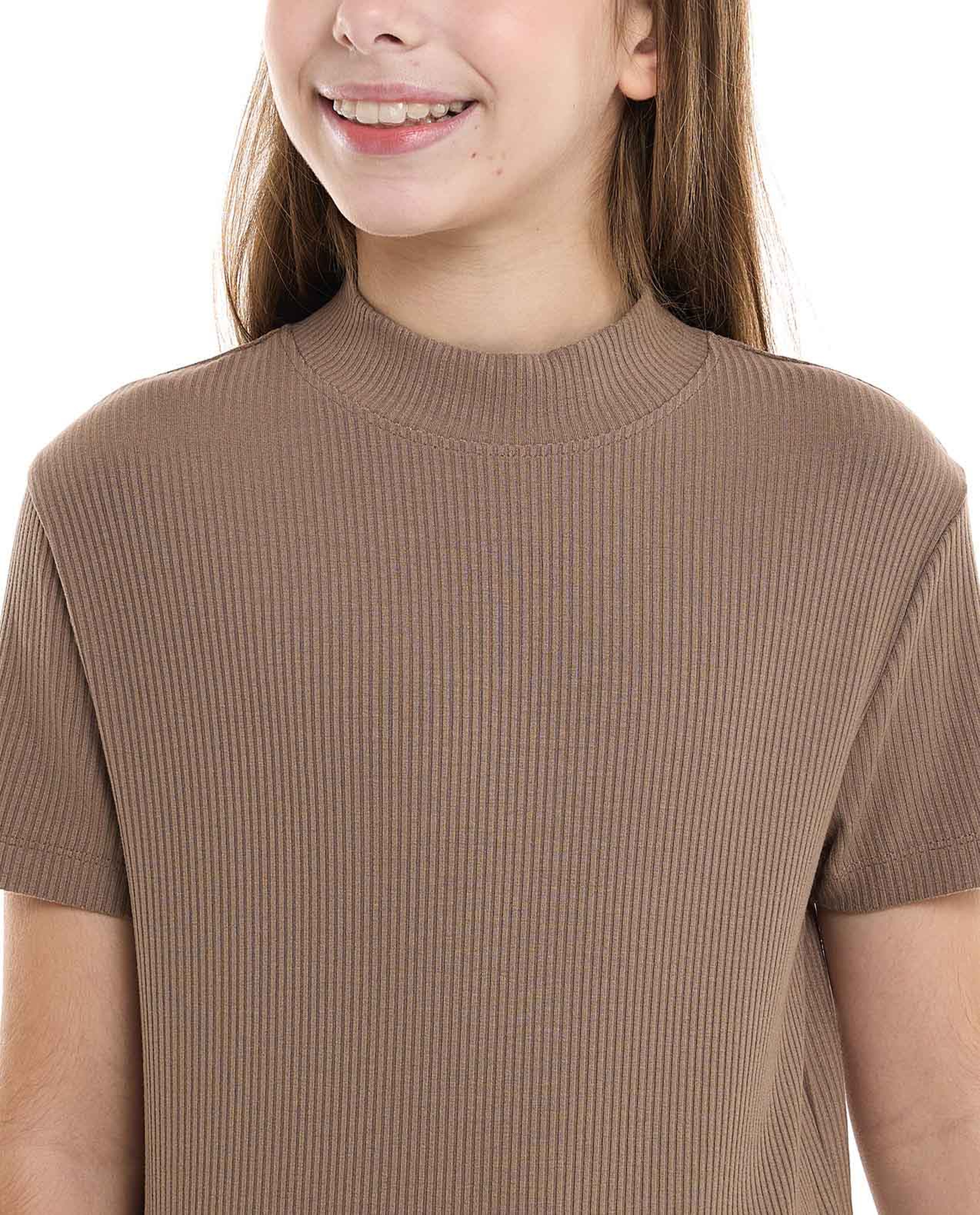 Ribbed Top With Mock Neck And Short Sleeves