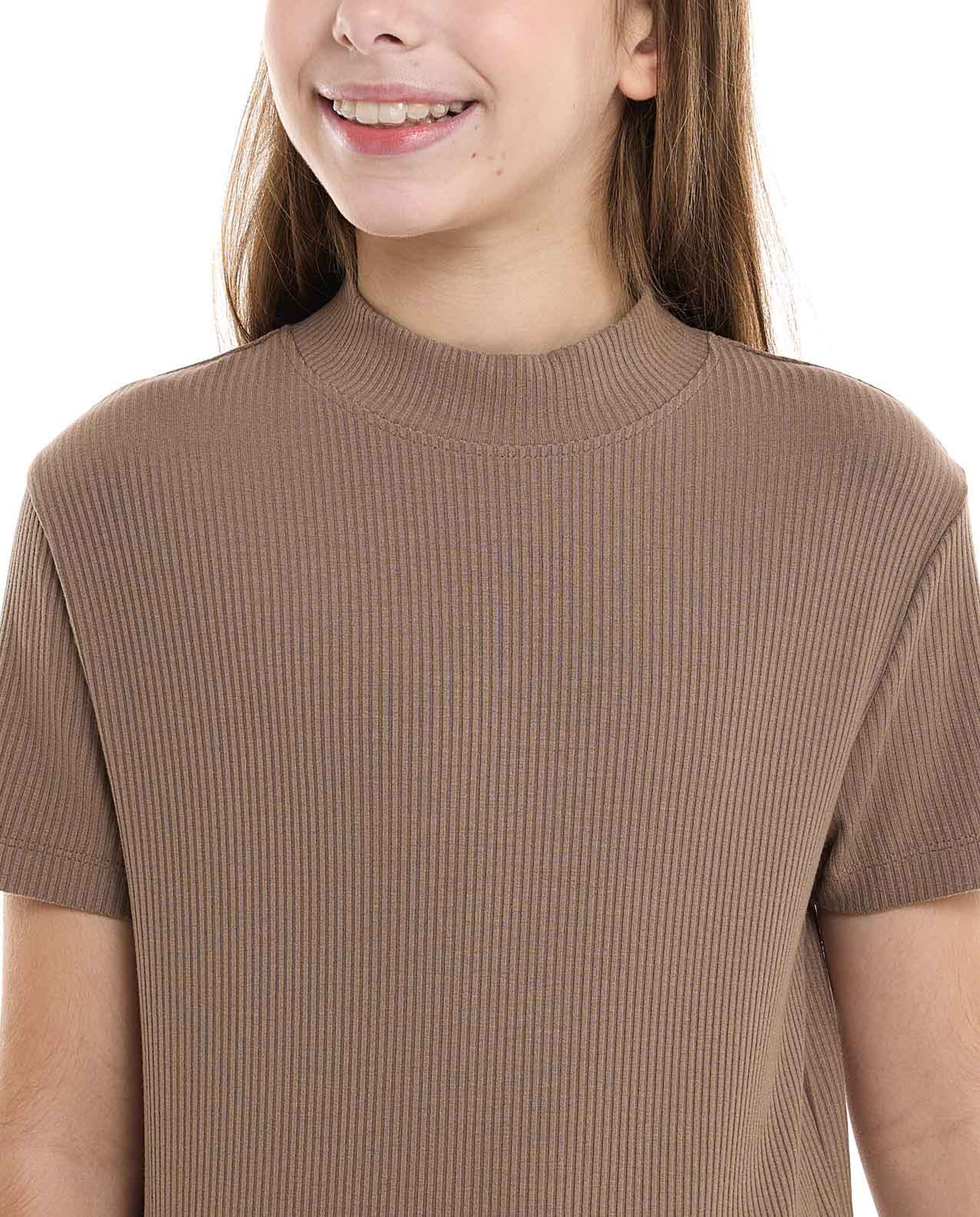 Ribbed Top With Mock Neck And Short Sleeves