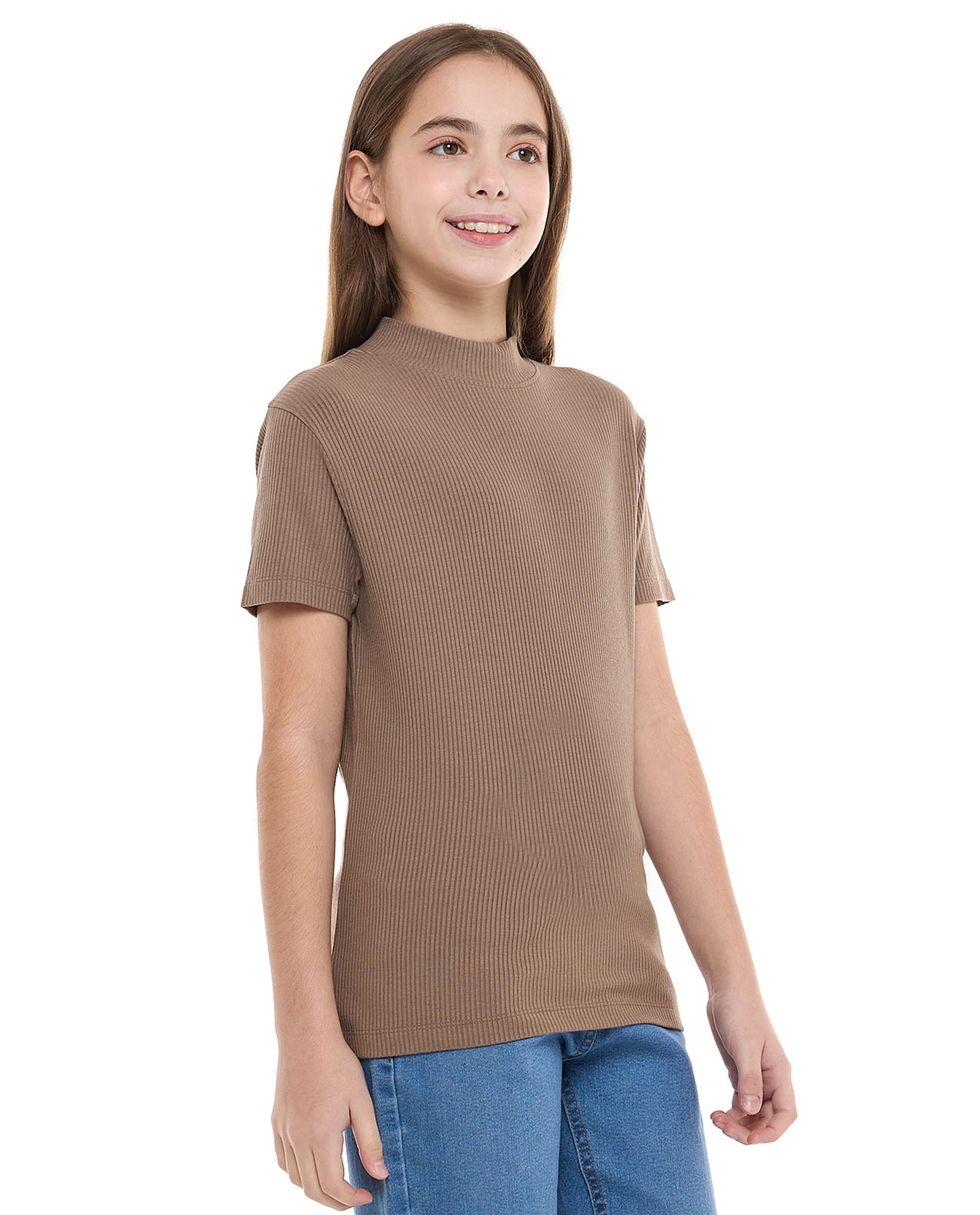 Ribbed Top With Mock Neck And Short Sleeves