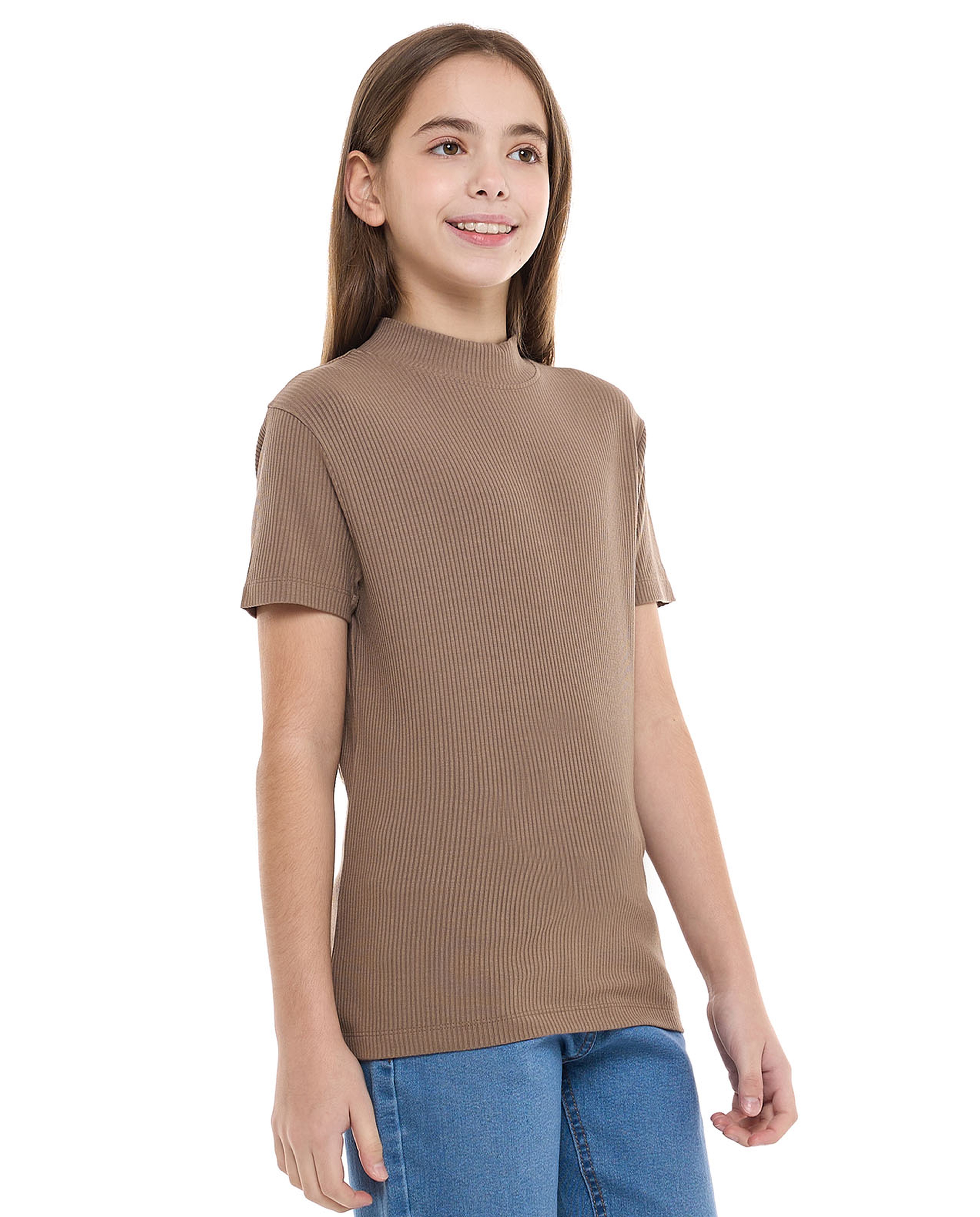 Ribbed Top With Mock Neck And Short Sleeves
