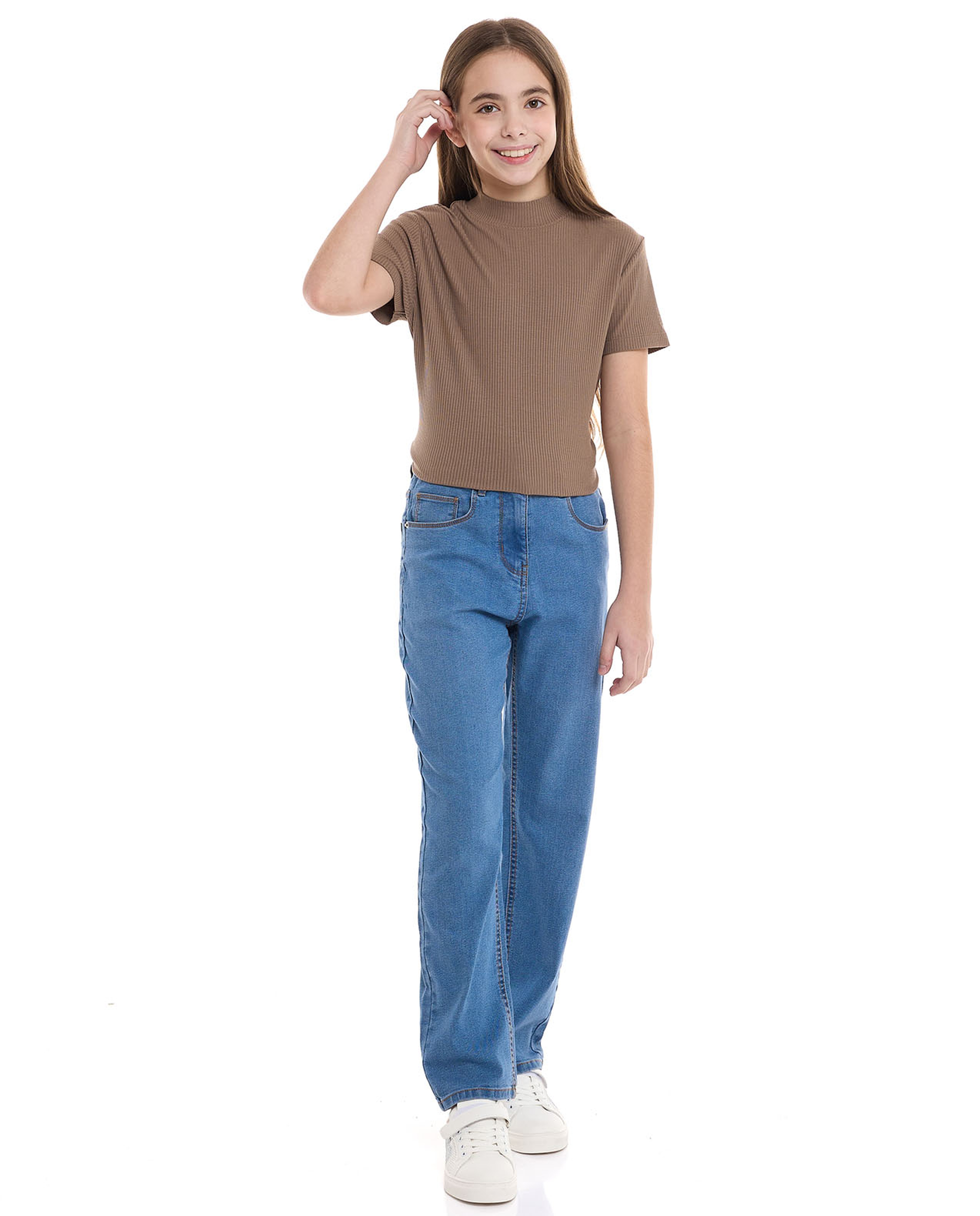 Ribbed Top With Mock Neck And Short Sleeves