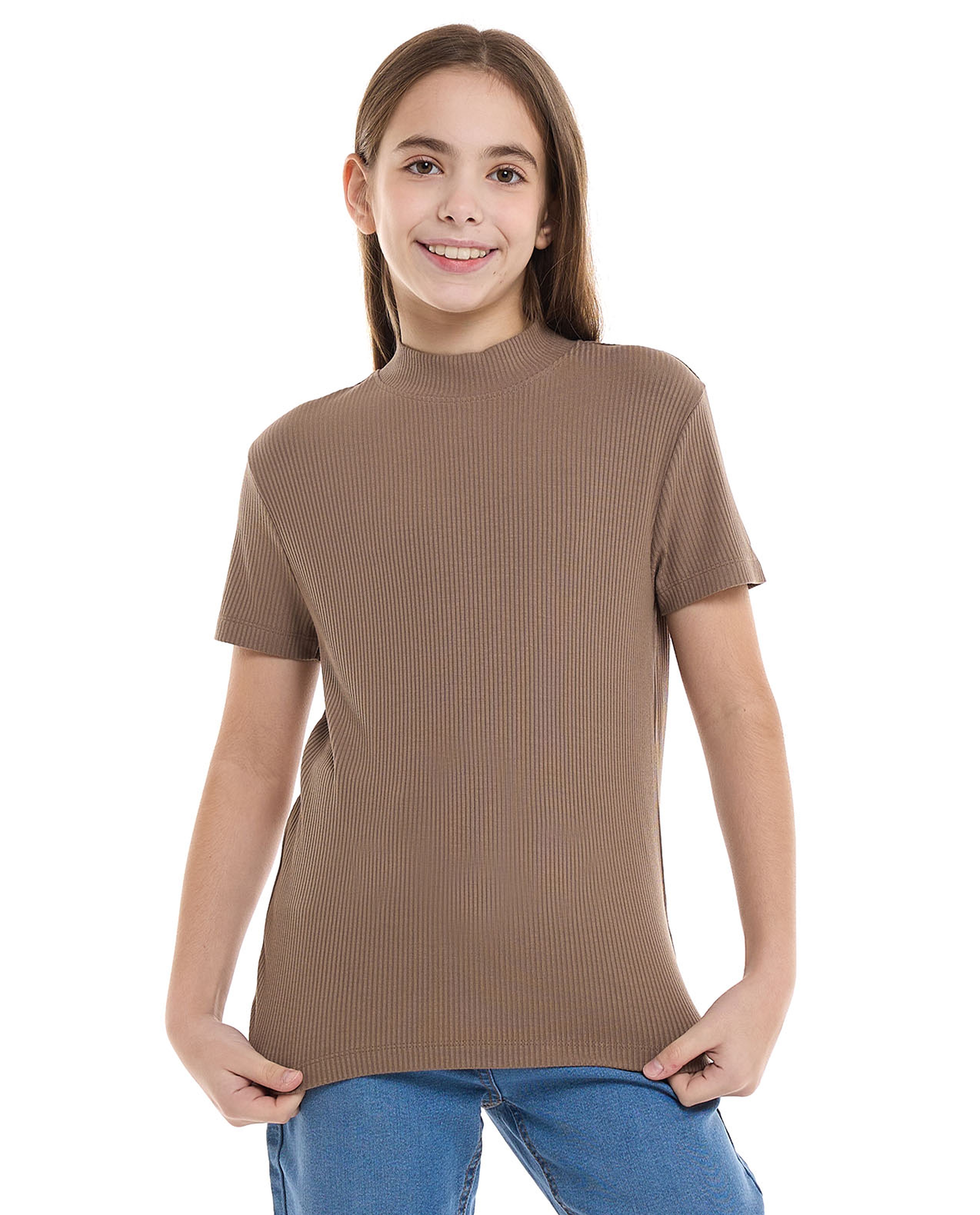 Ribbed Top With Mock Neck And Short Sleeves