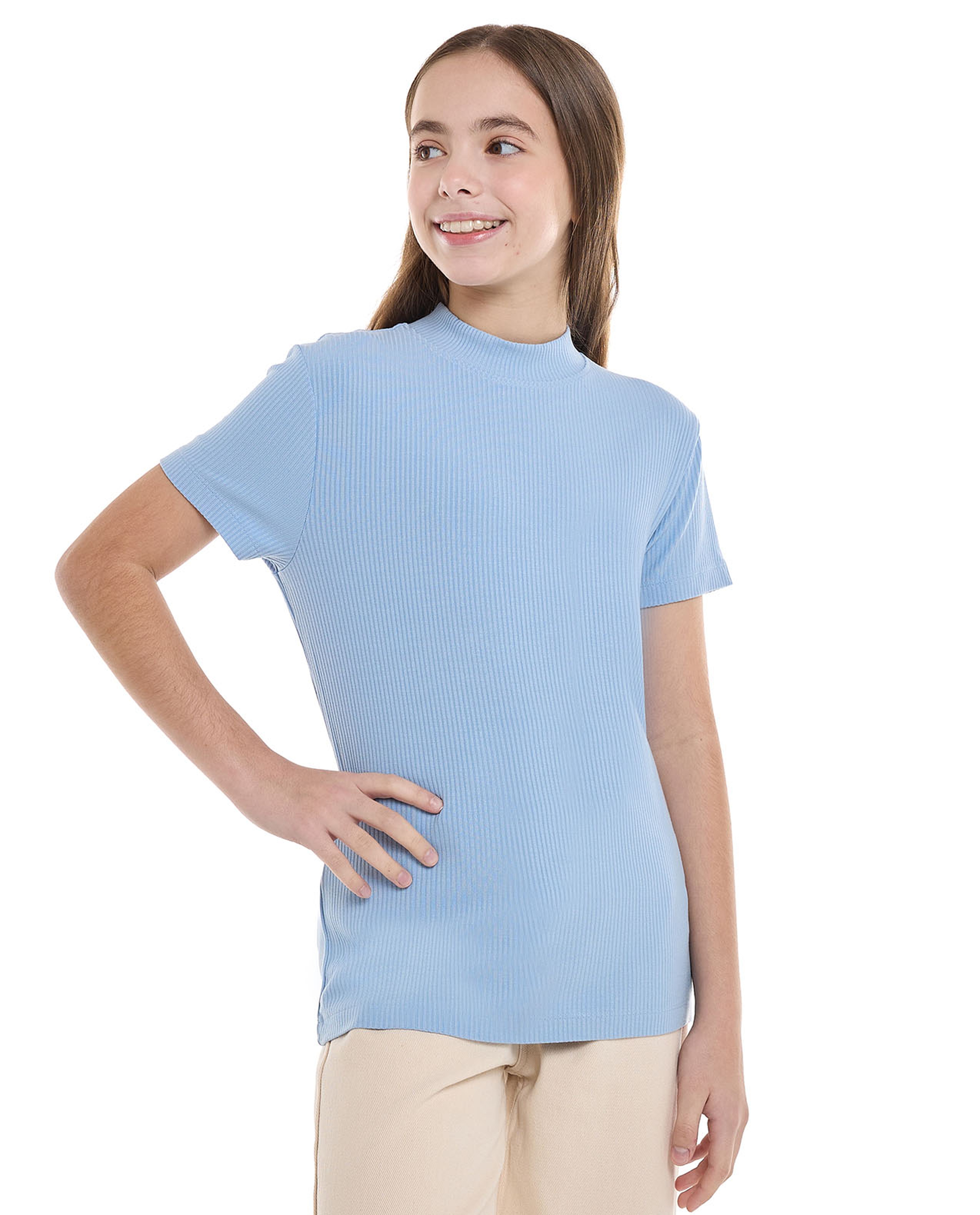 Ribbed Top With Mock Neck And Short Sleeves