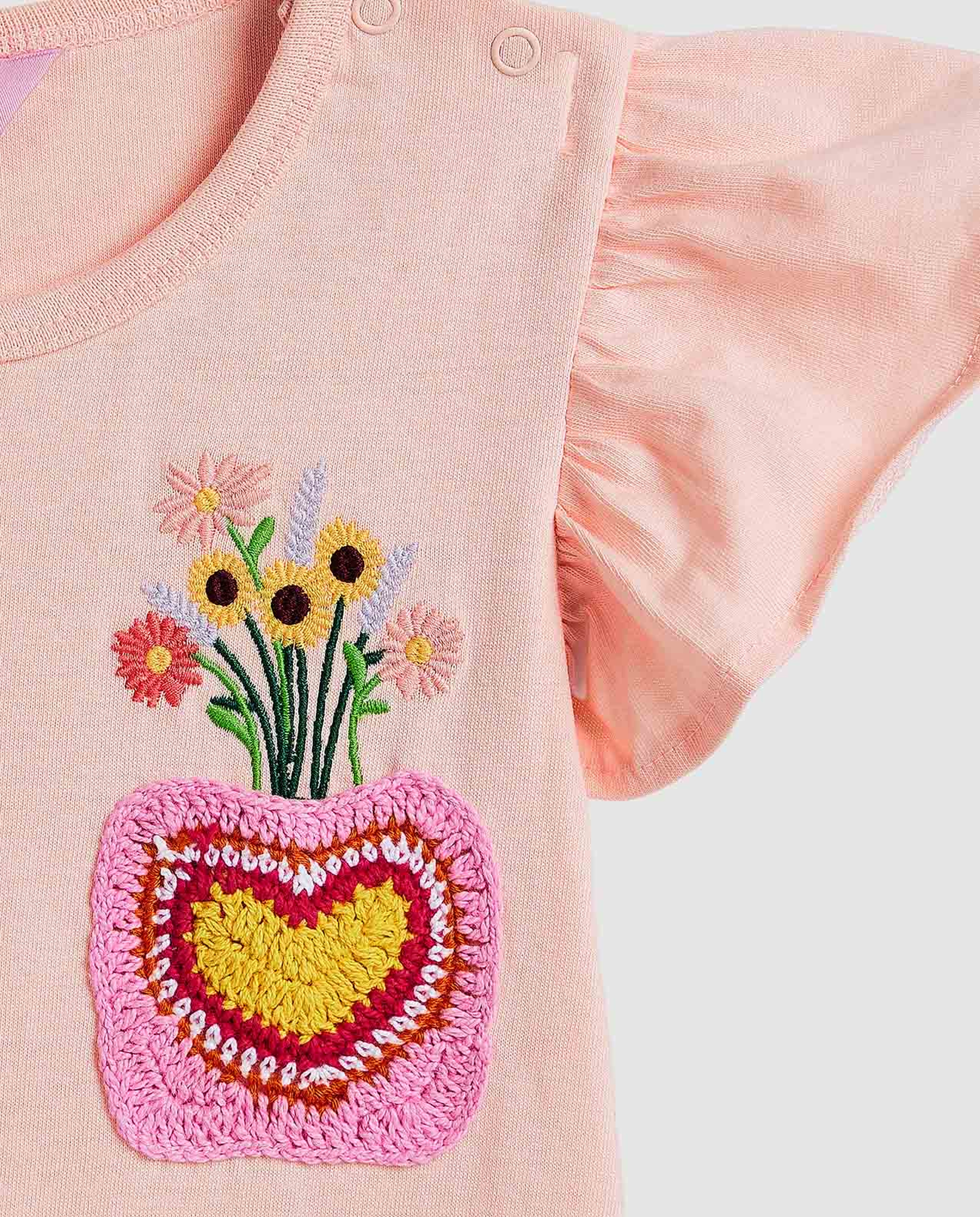 Embroidered Top with Crew Neck and Ruffle Sleeves