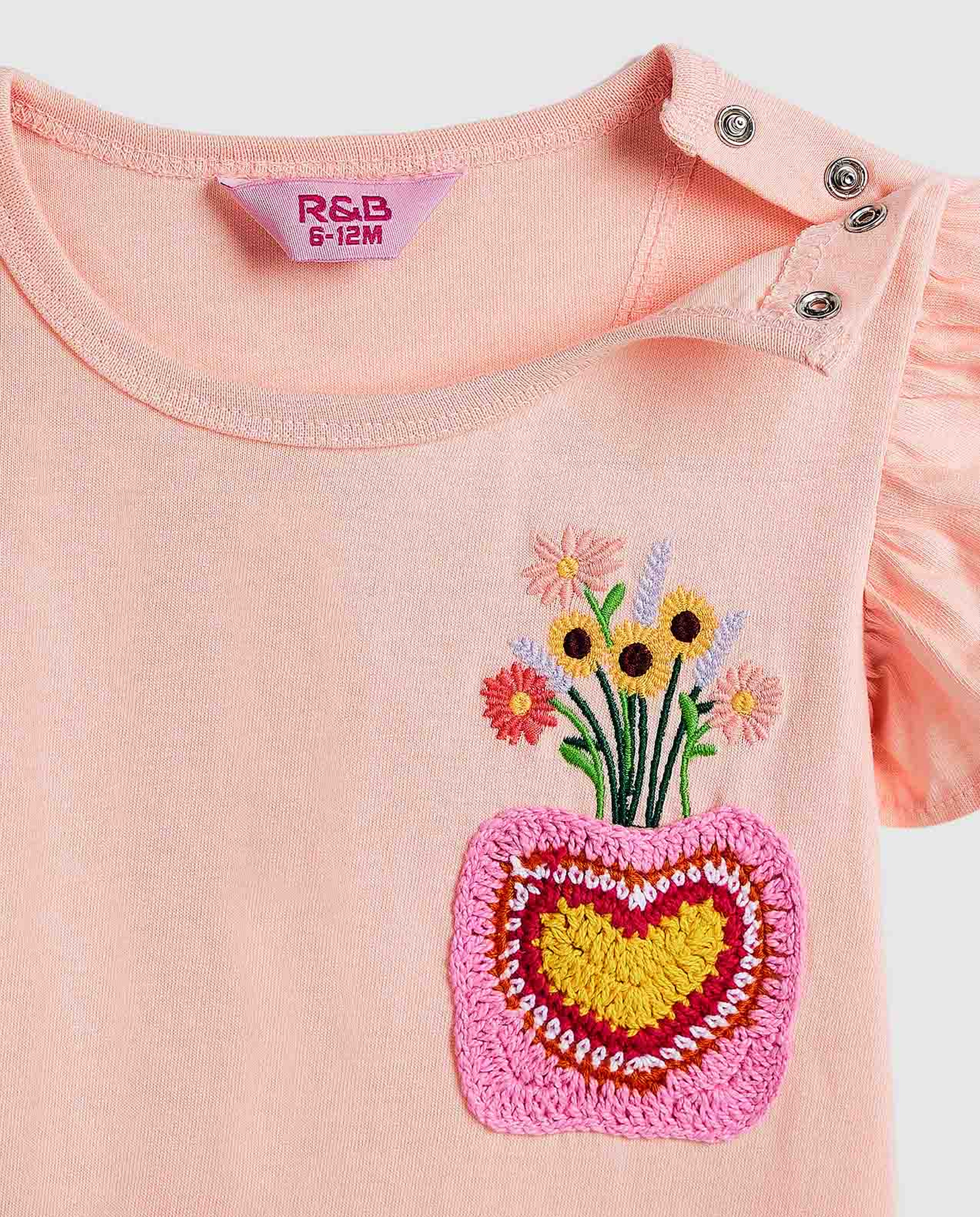 Embroidered Top with Crew Neck and Ruffle Sleeves