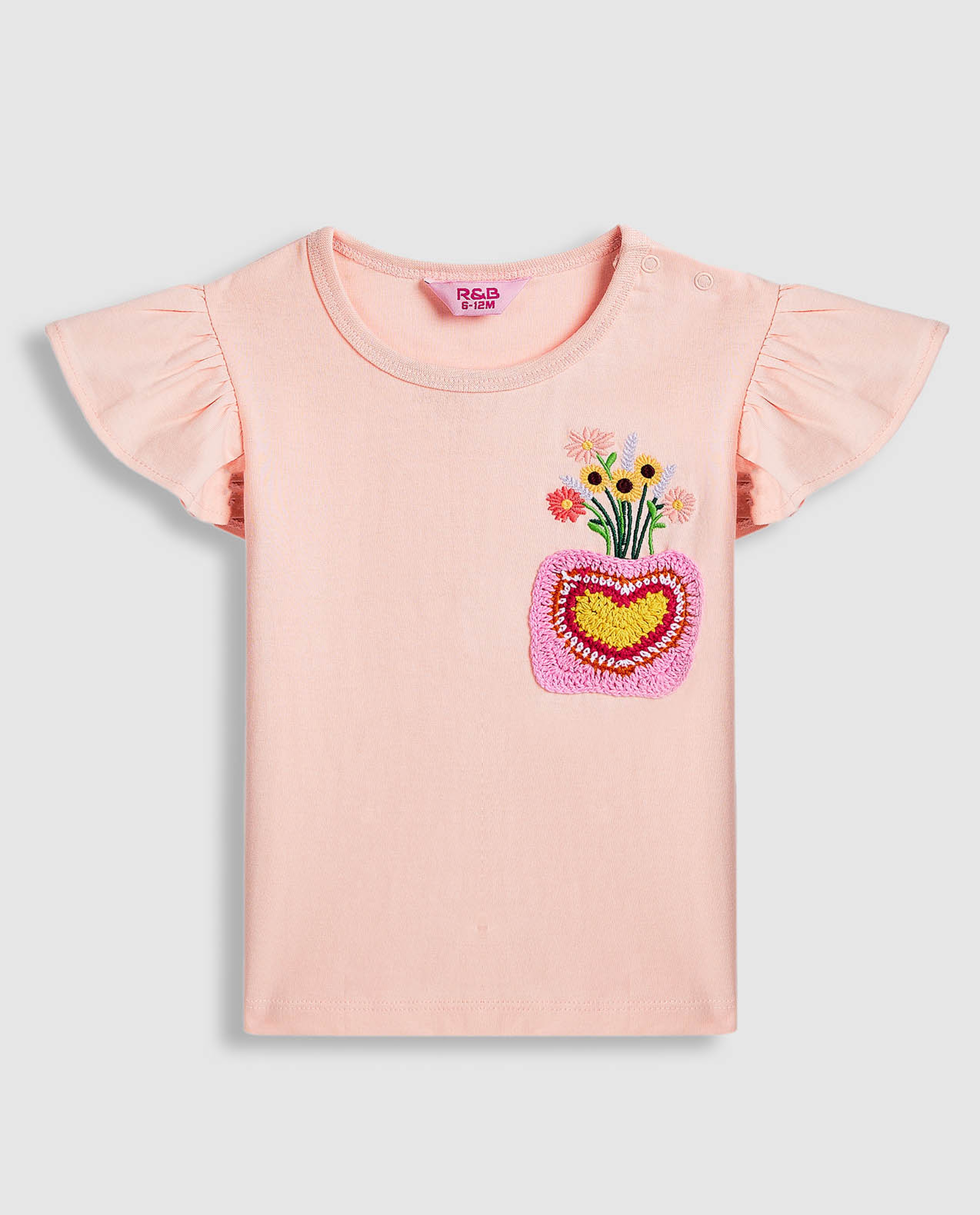 Embroidered Top with Crew Neck and Ruffle Sleeves