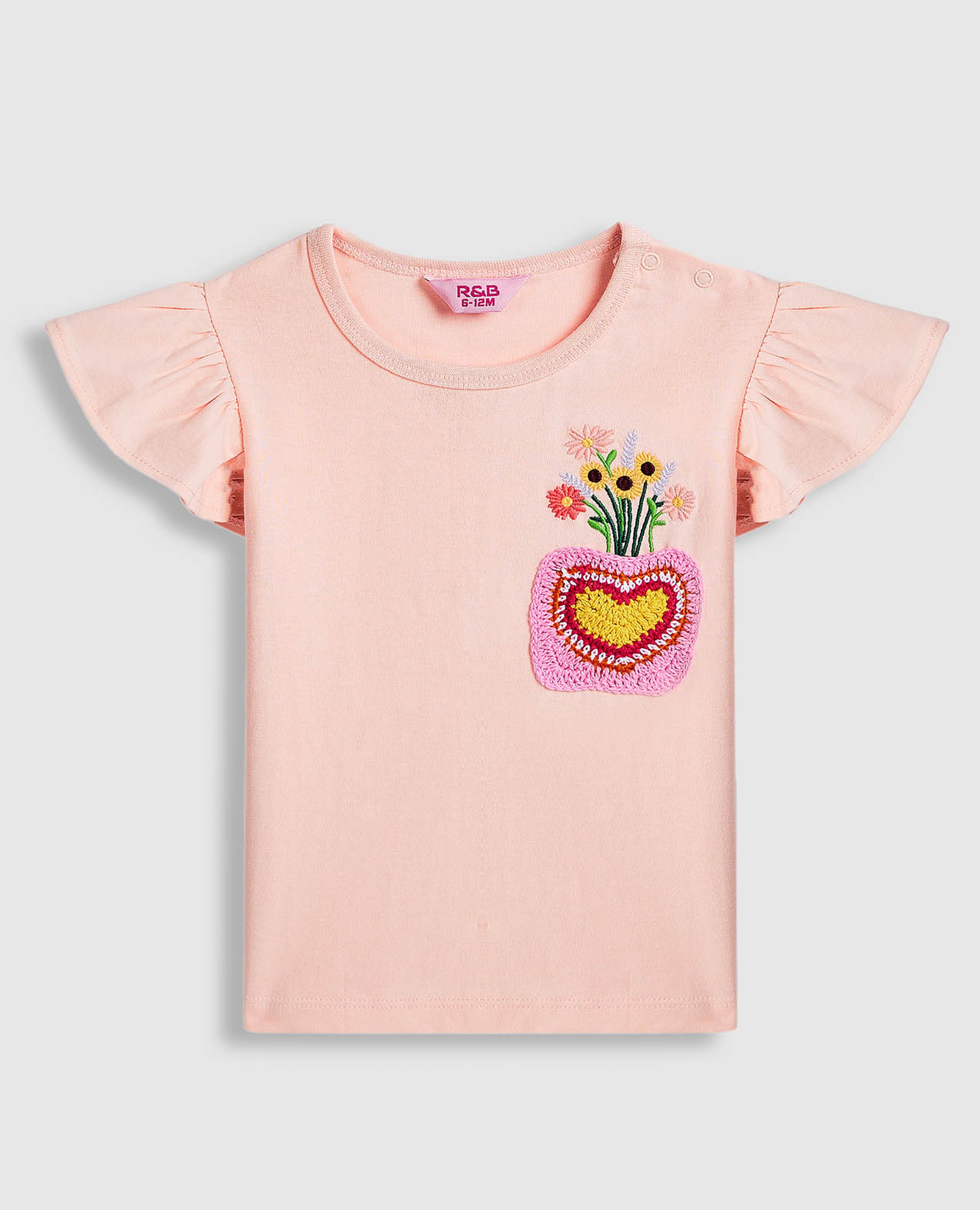 Embroidered Top with Crew Neck and Ruffle Sleeves