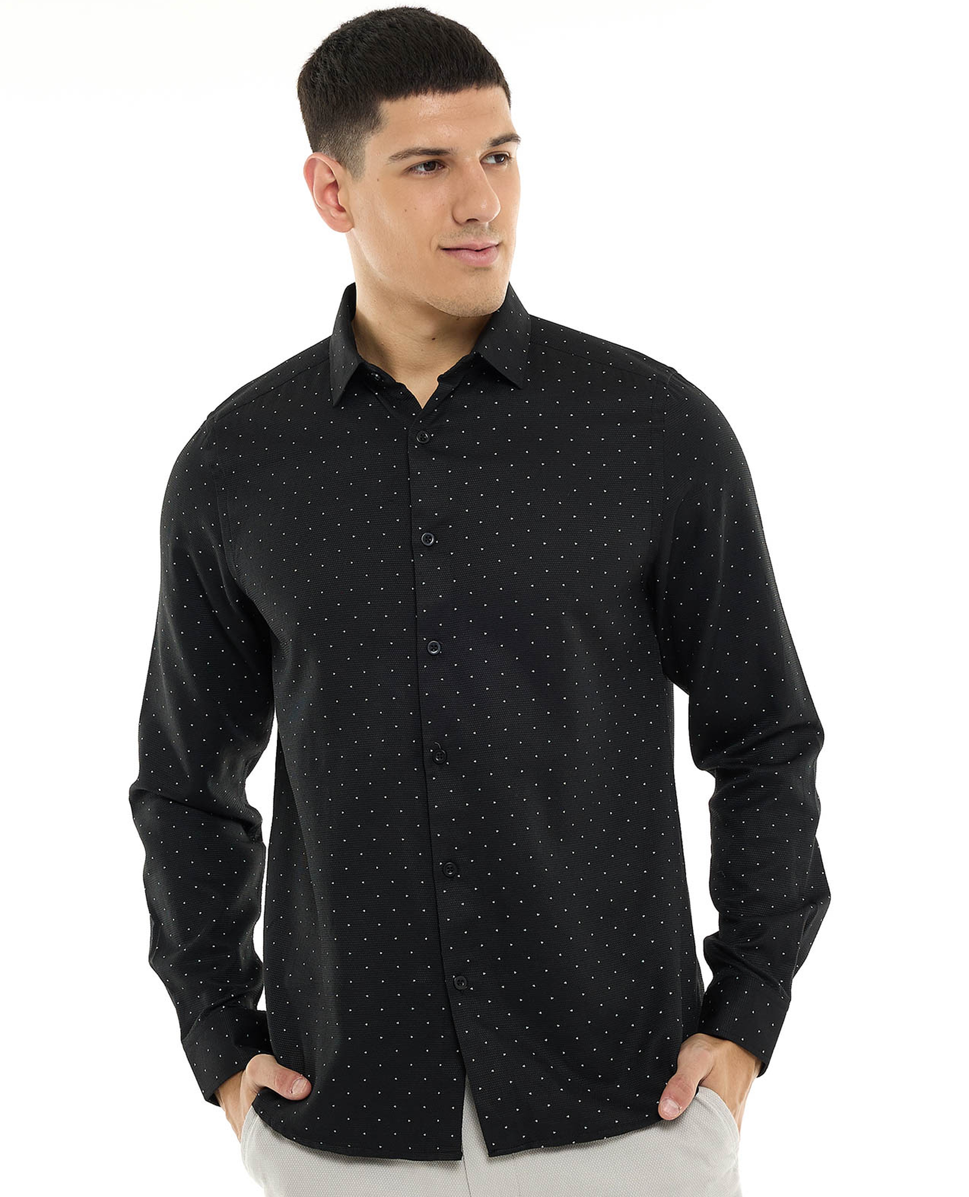 Solid Shirt with Classic Collar and Long Sleeves
