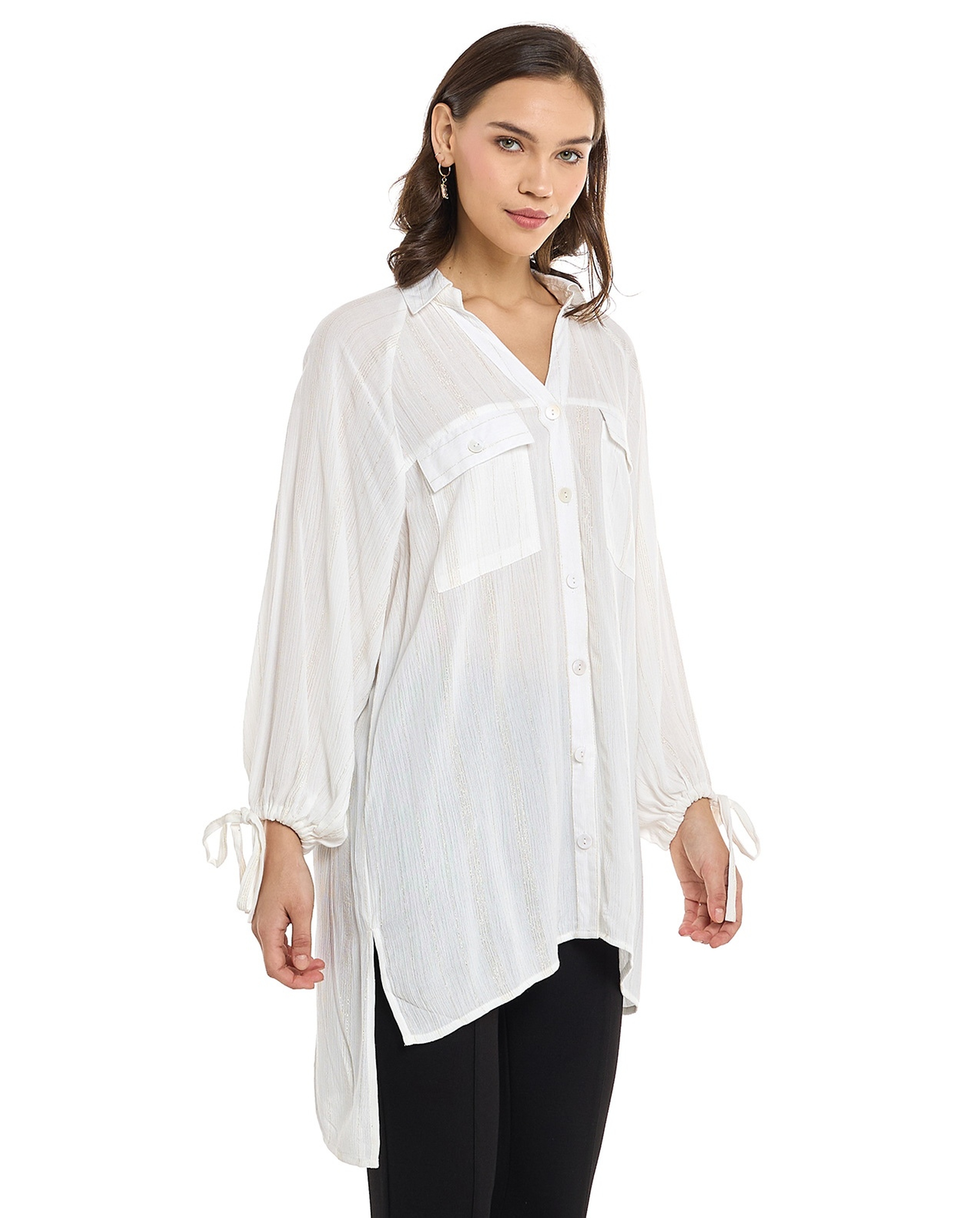 Solid Shirt Tunic with Puff Sleeves