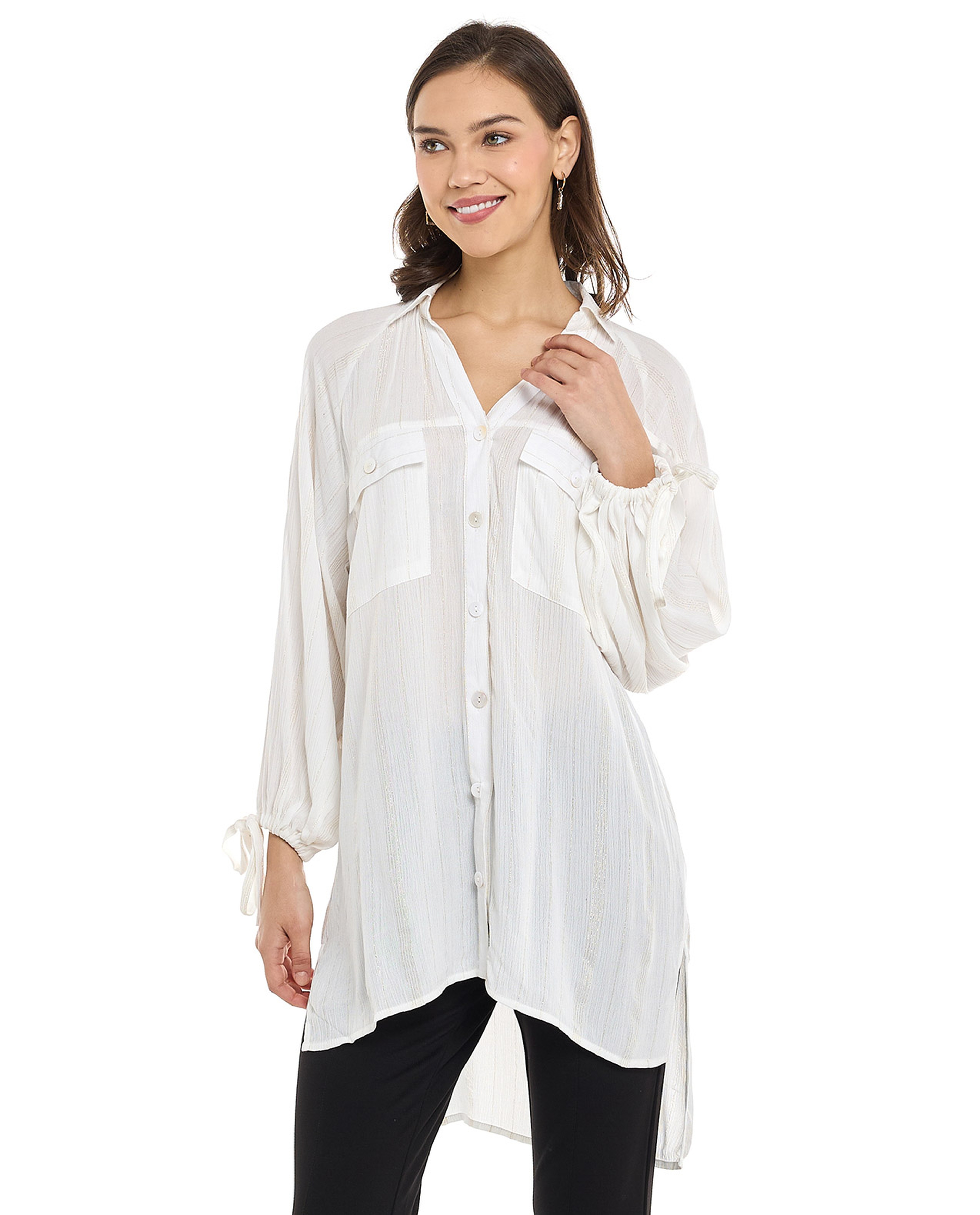 Solid Shirt Tunic with Puff Sleeves