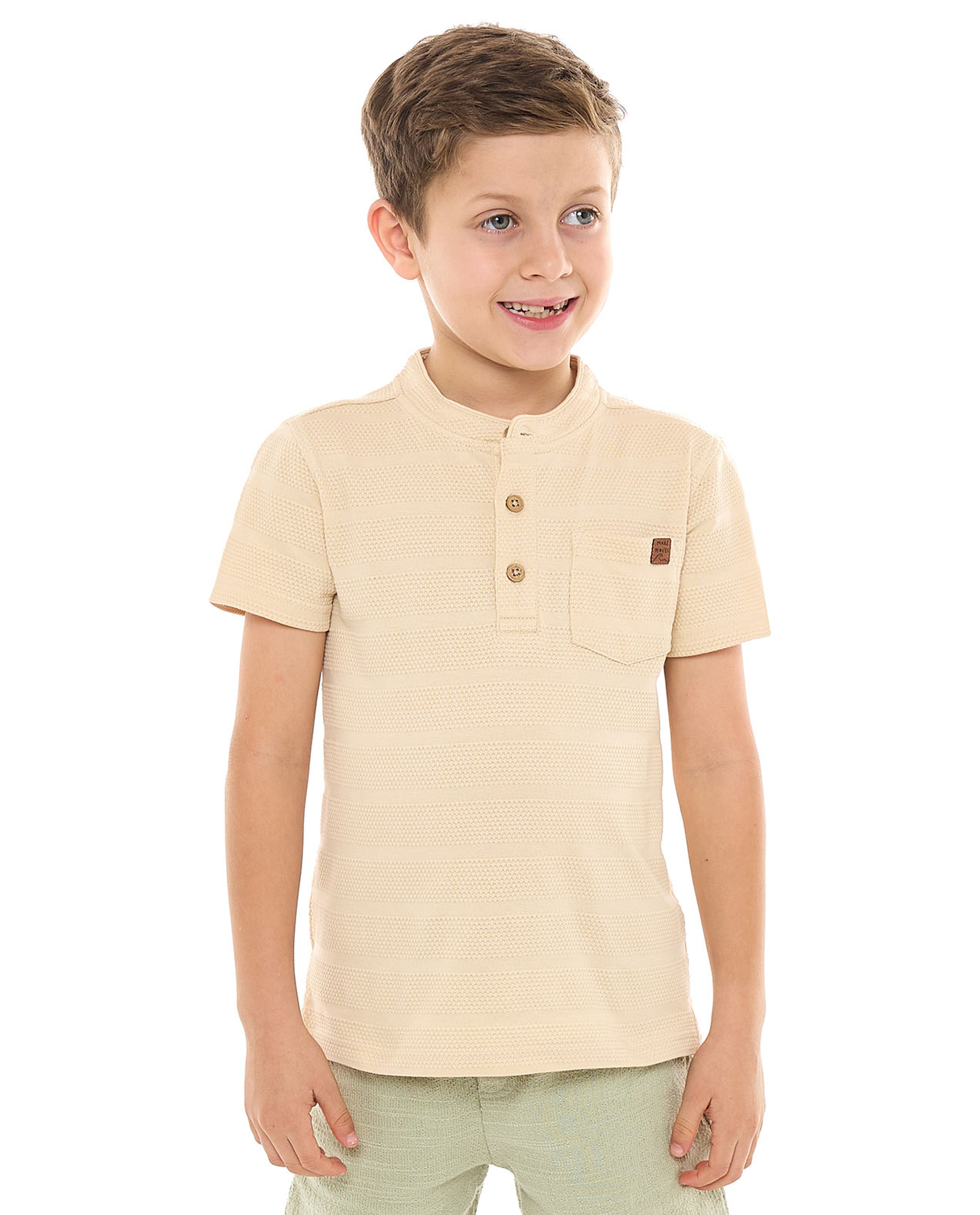 Textured T-Shirt with Stand Collar and Short Sleeves