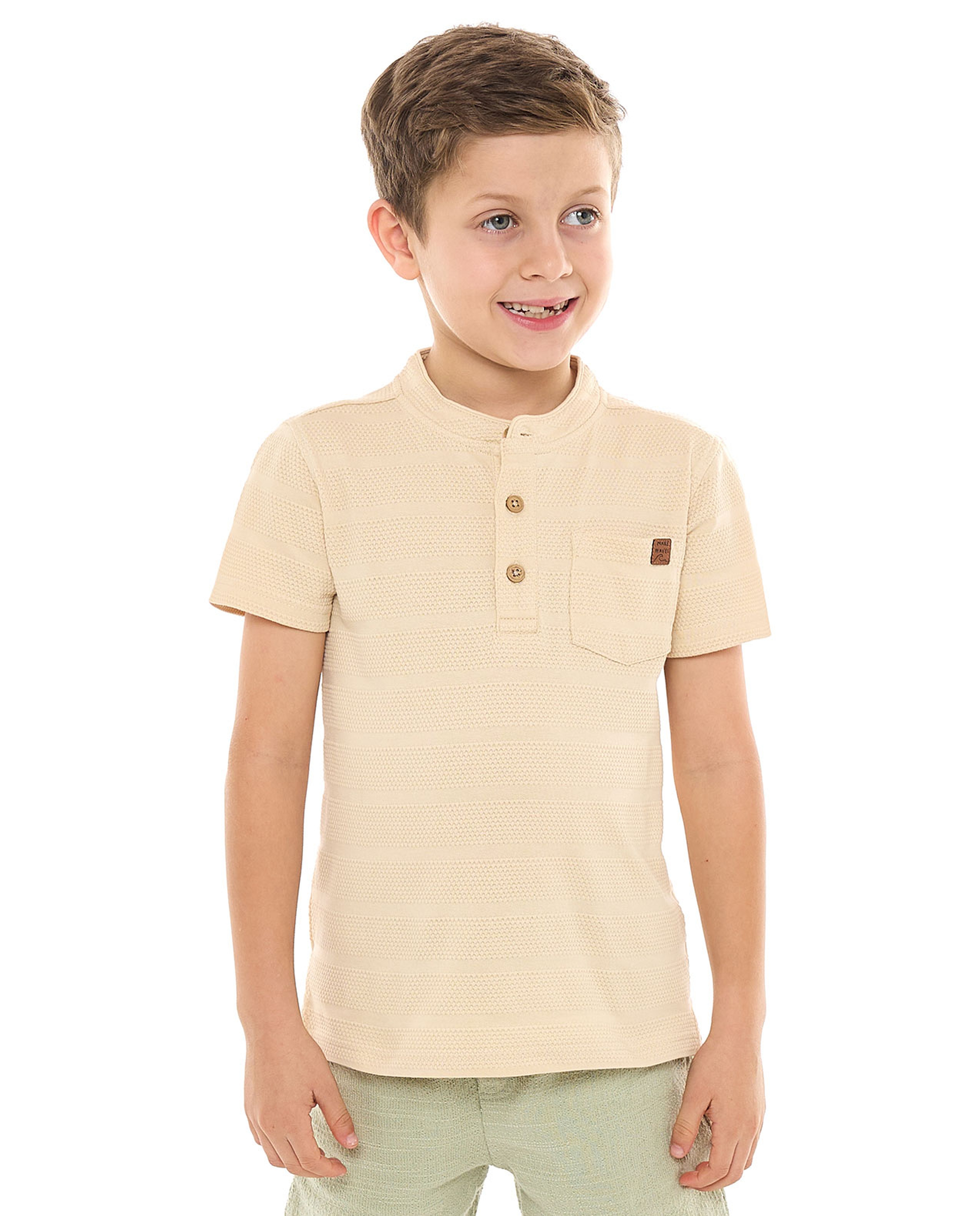 Textured T-Shirt with Stand Collar and Short Sleeves
