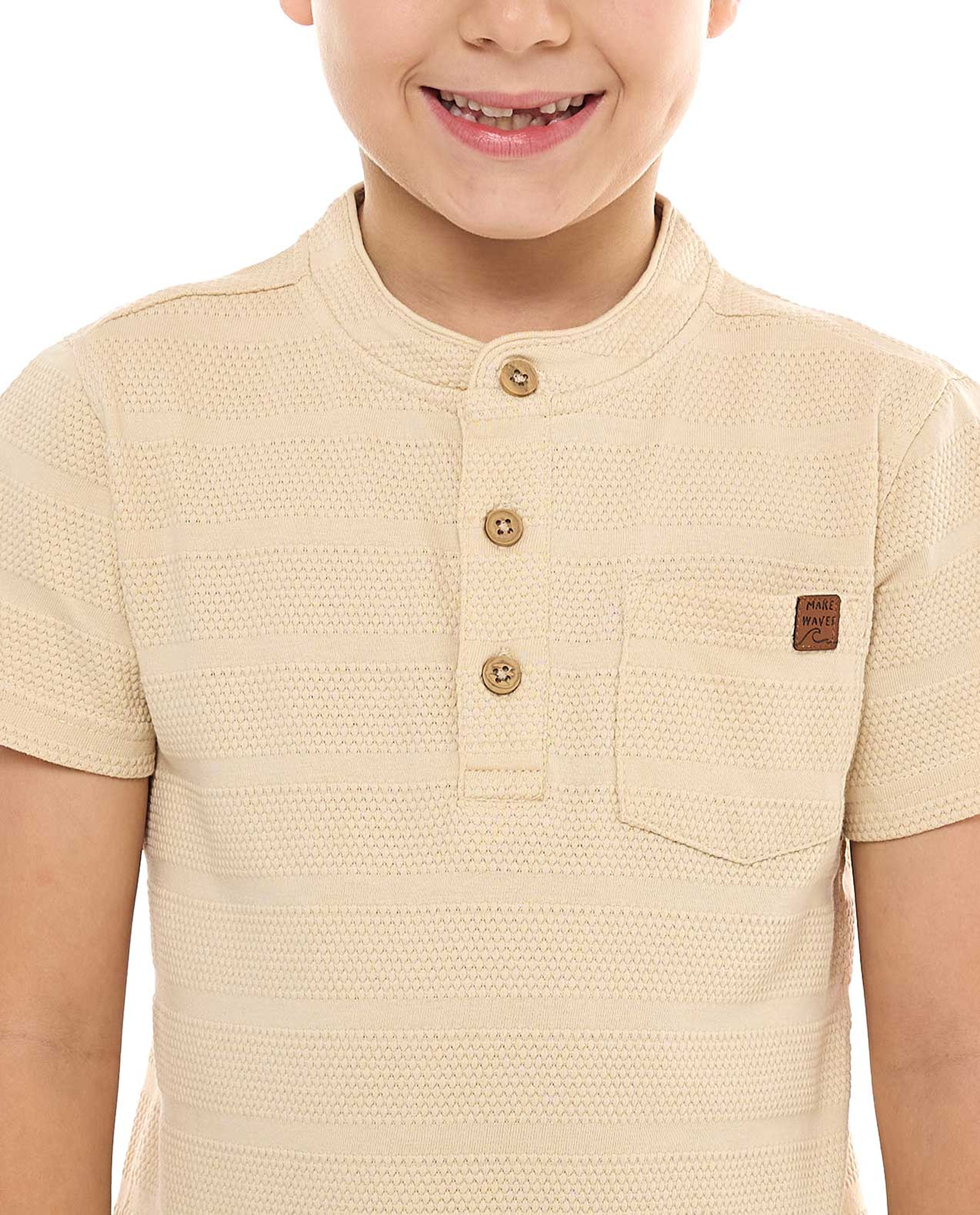 Textured T-Shirt with Stand Collar and Short Sleeves