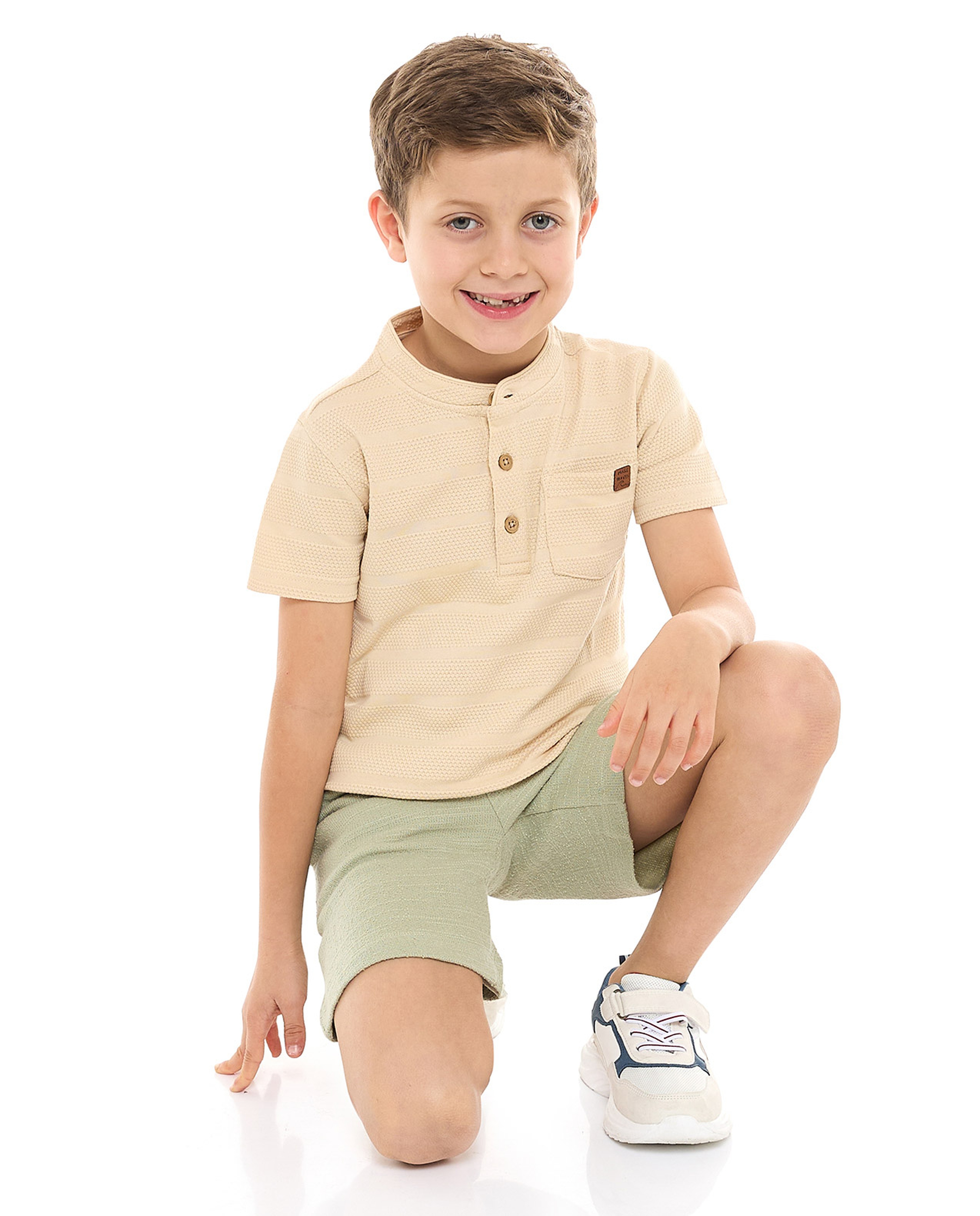 Textured T-Shirt with Stand Collar and Short Sleeves