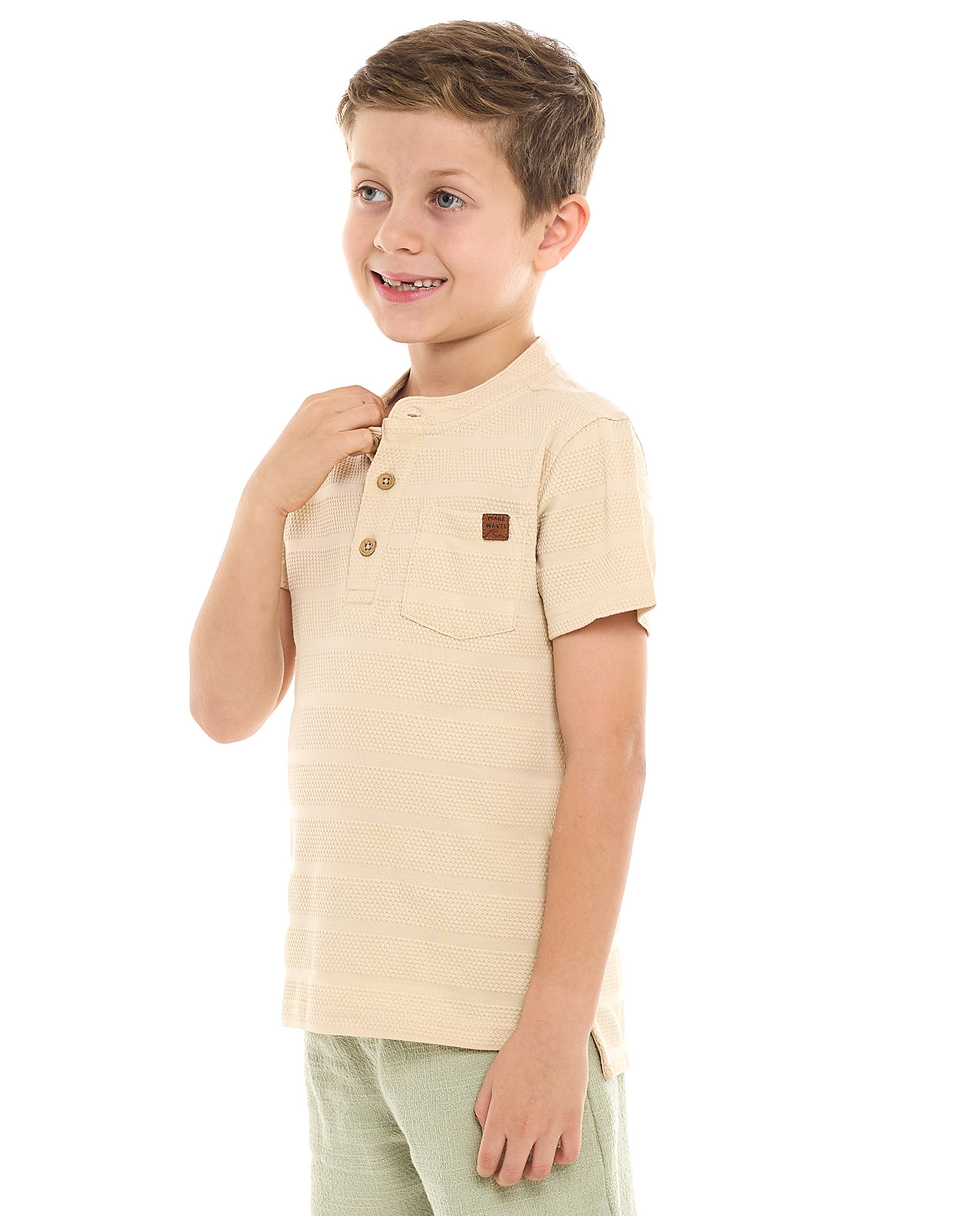 Textured T-Shirt with Stand Collar and Short Sleeves