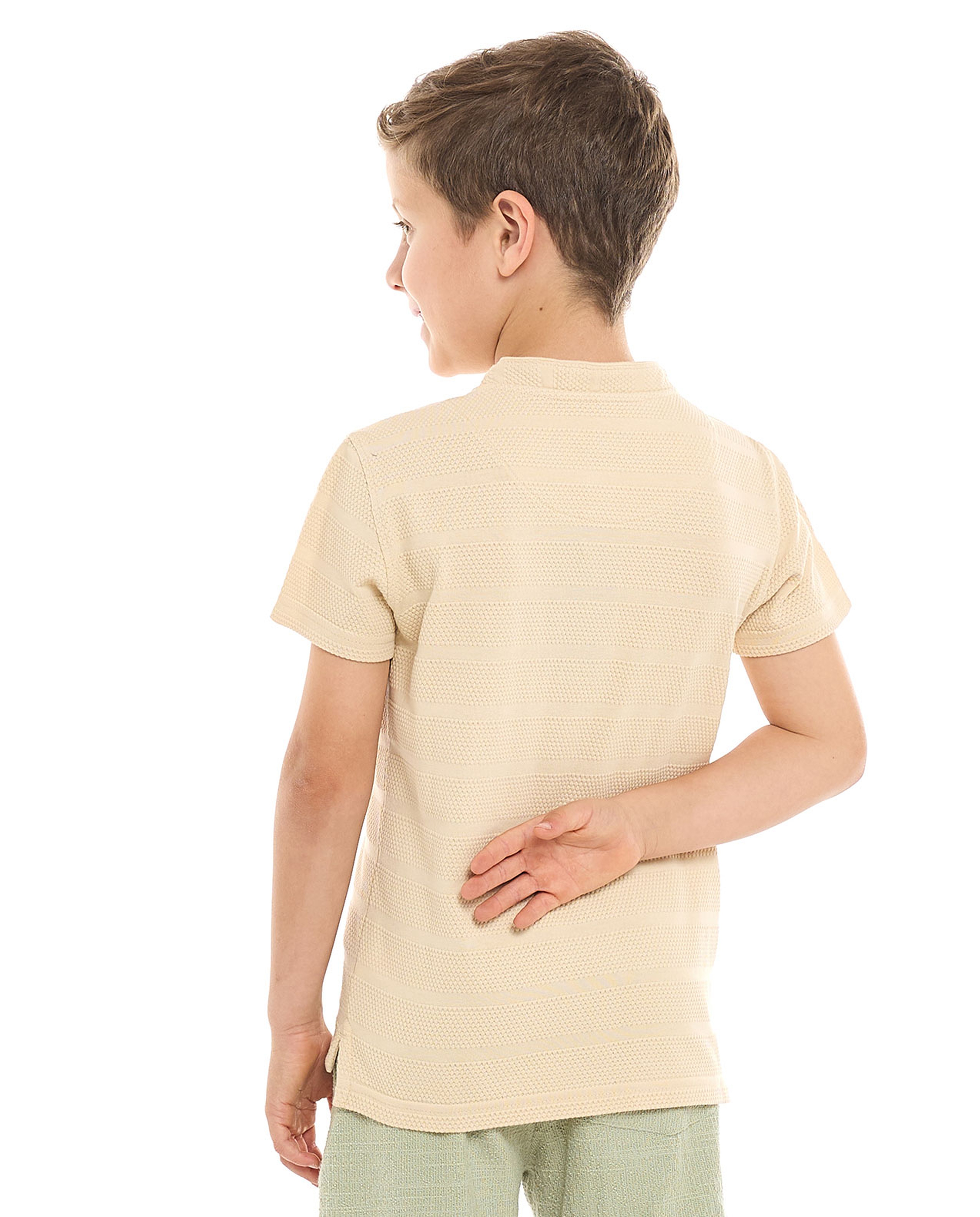 Textured T-Shirt with Stand Collar and Short Sleeves