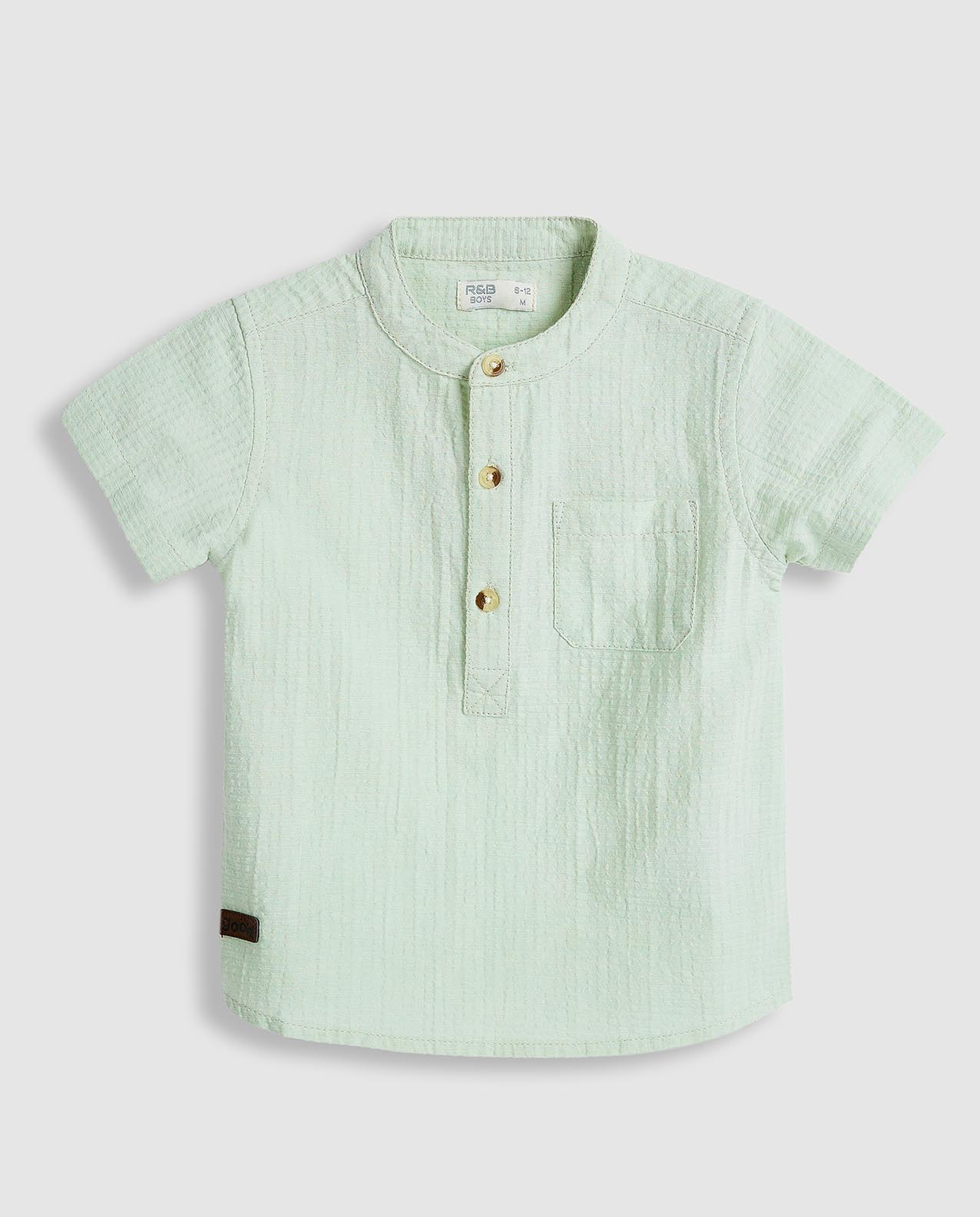 Solid Shirt with Mandarin Collar and Short Sleeves