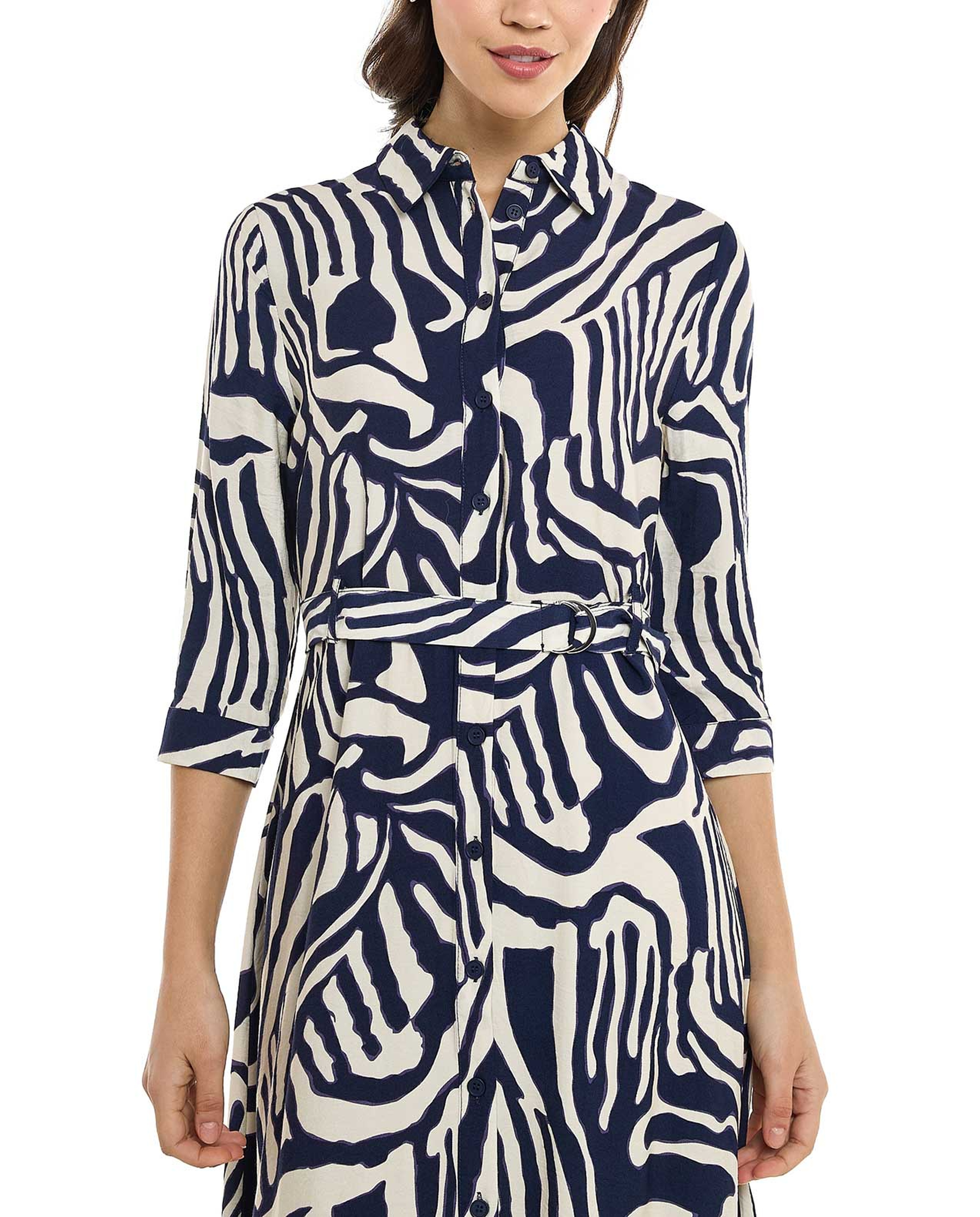 Patterned Shirt Dress with 3/4 Sleeves