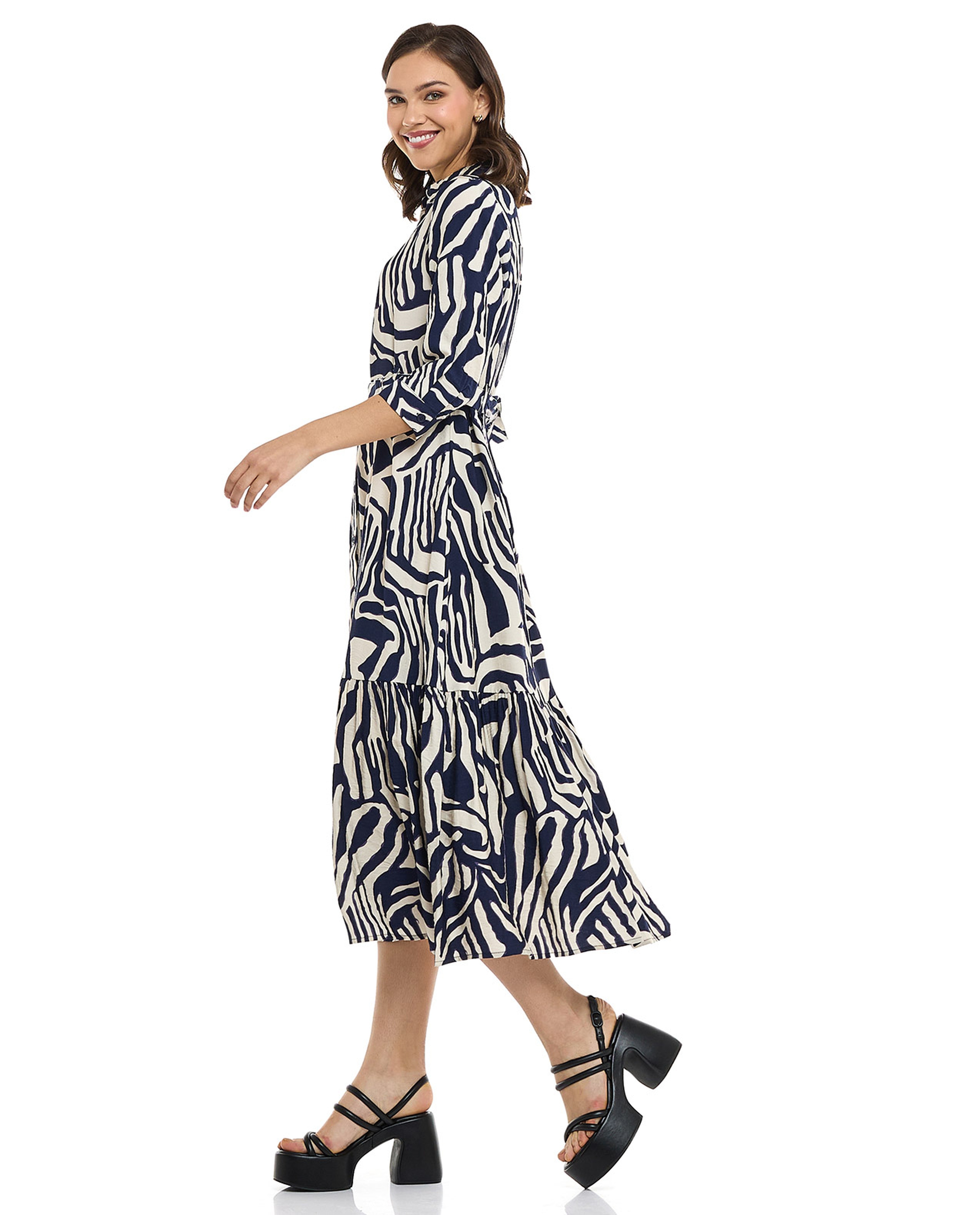 Patterned Shirt Dress with 3/4 Sleeves