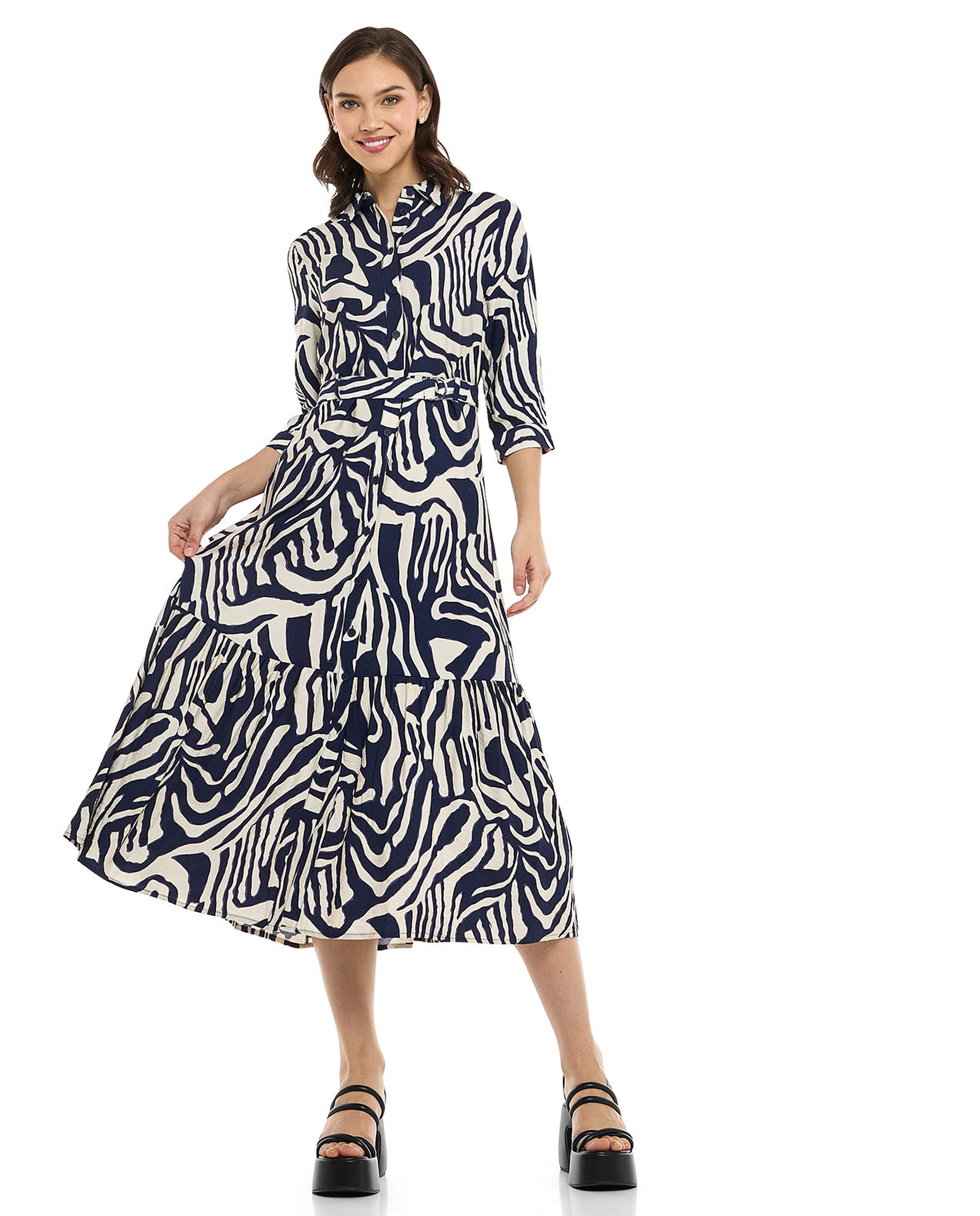 Patterned Shirt Dress with 3/4 Sleeves