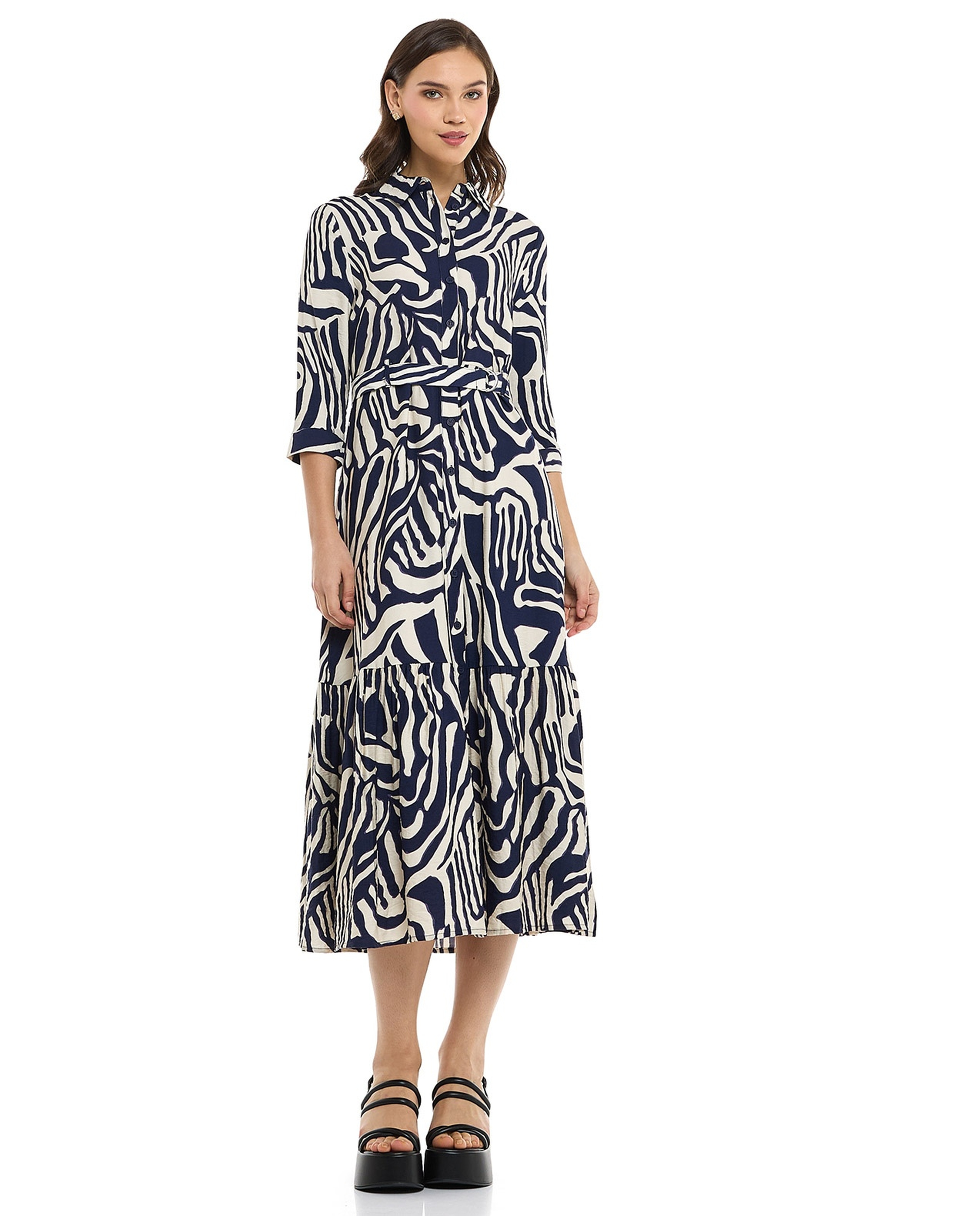 Patterned Shirt Dress with 3/4 Sleeves