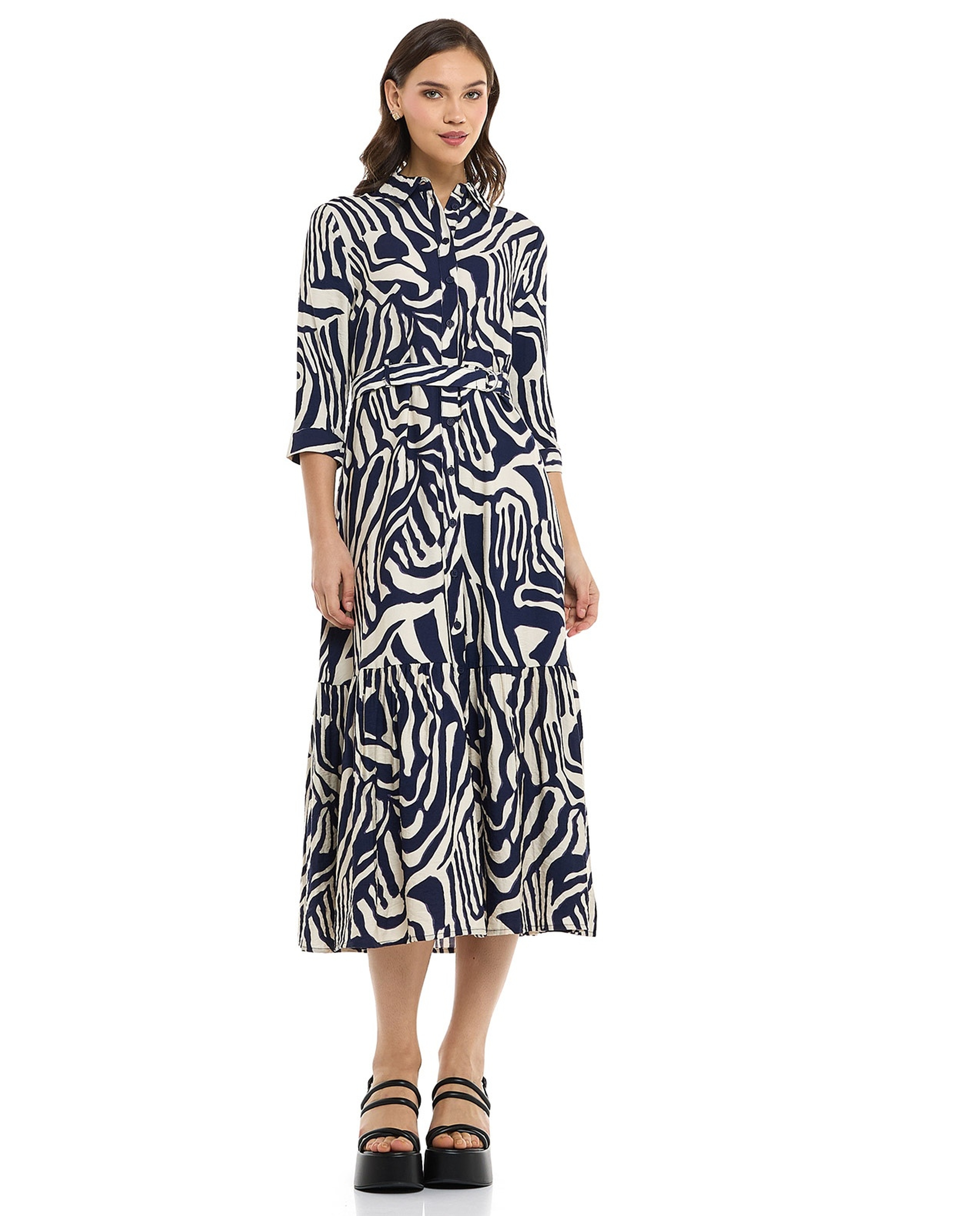 Patterned Shirt Dress with 3/4 Sleeves