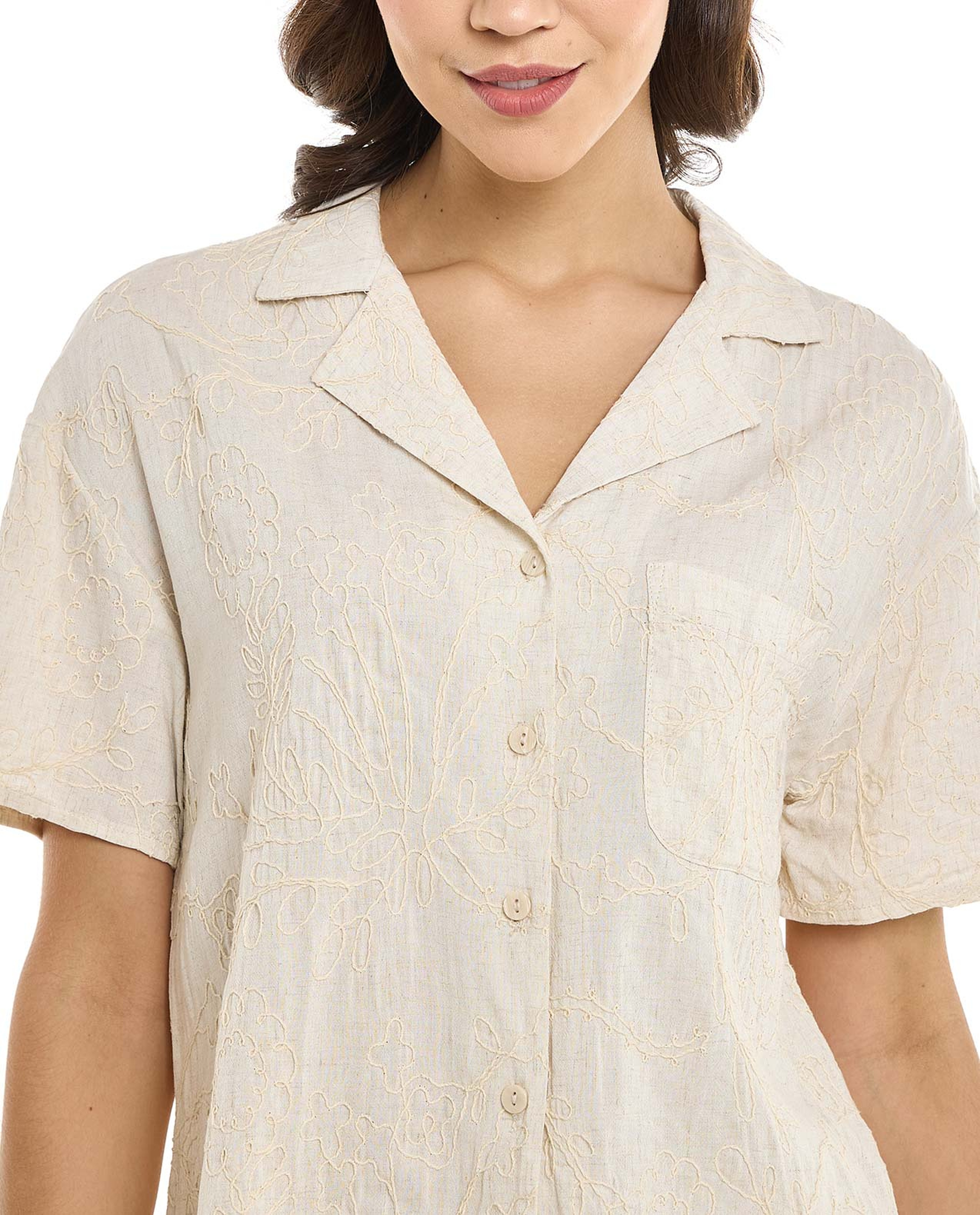 Embroidered Shirt with Revere Collar and Short Sleeves