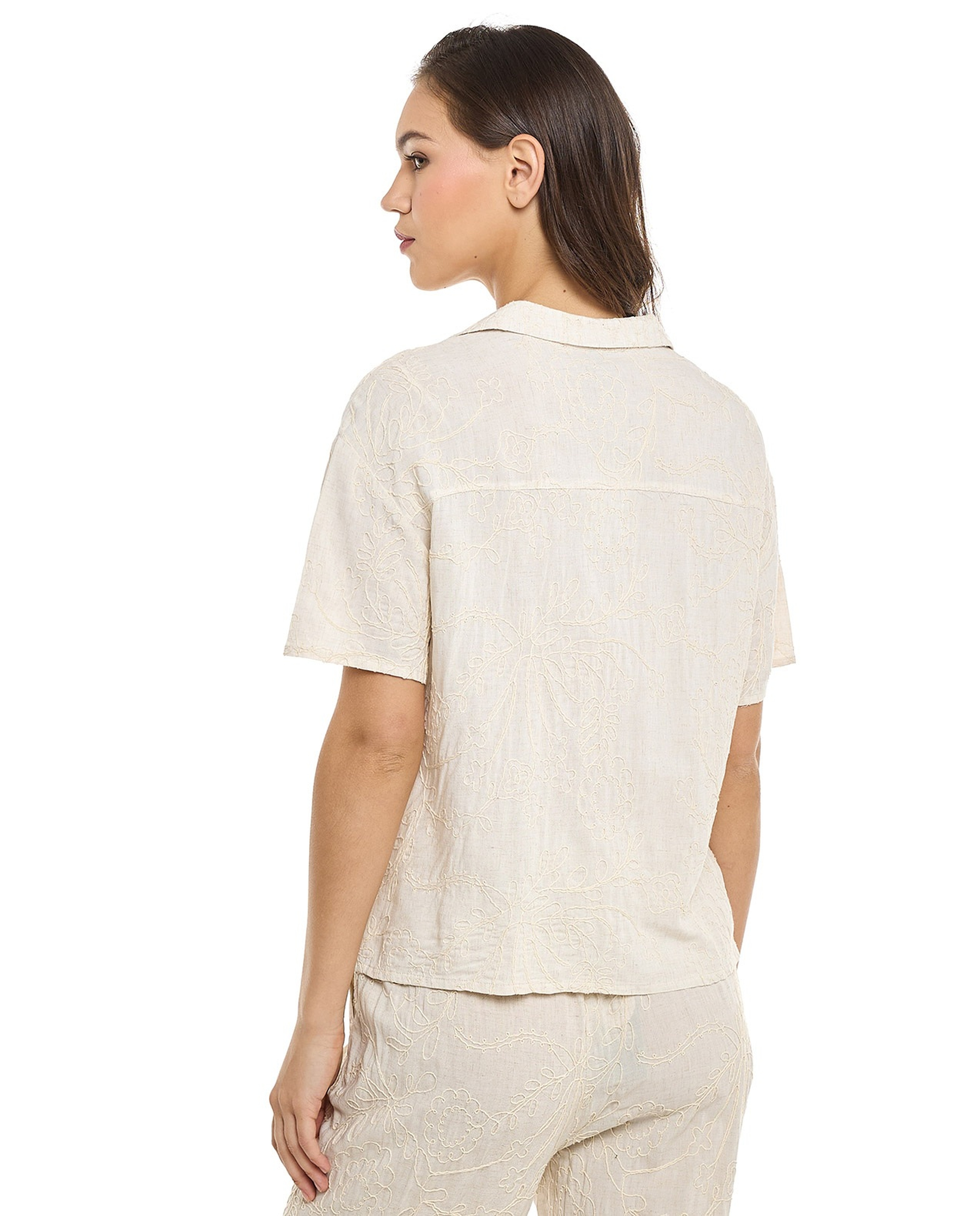 Embroidered Shirt with Revere Collar and Short Sleeves
