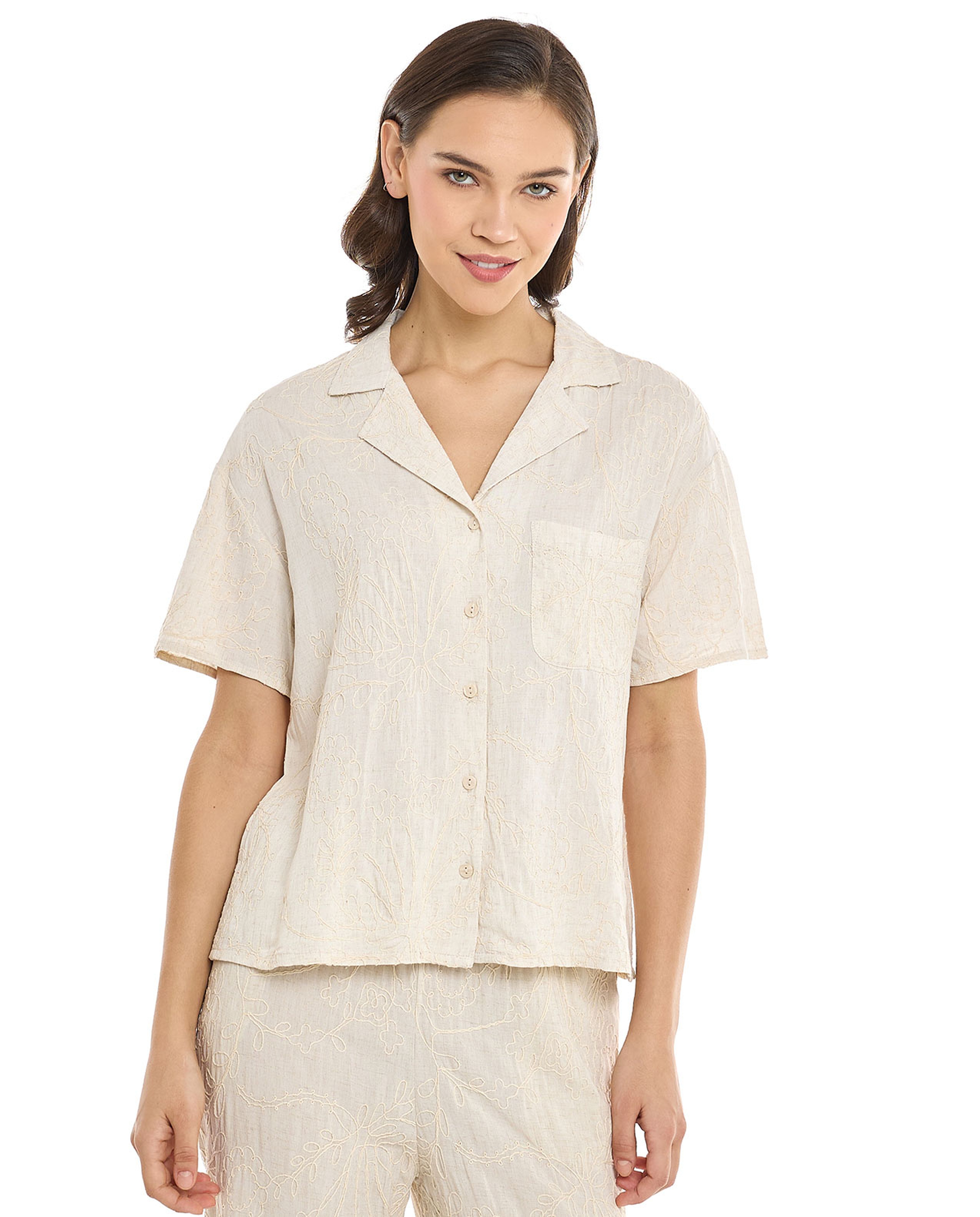 Embroidered Shirt with Revere Collar and Short Sleeves