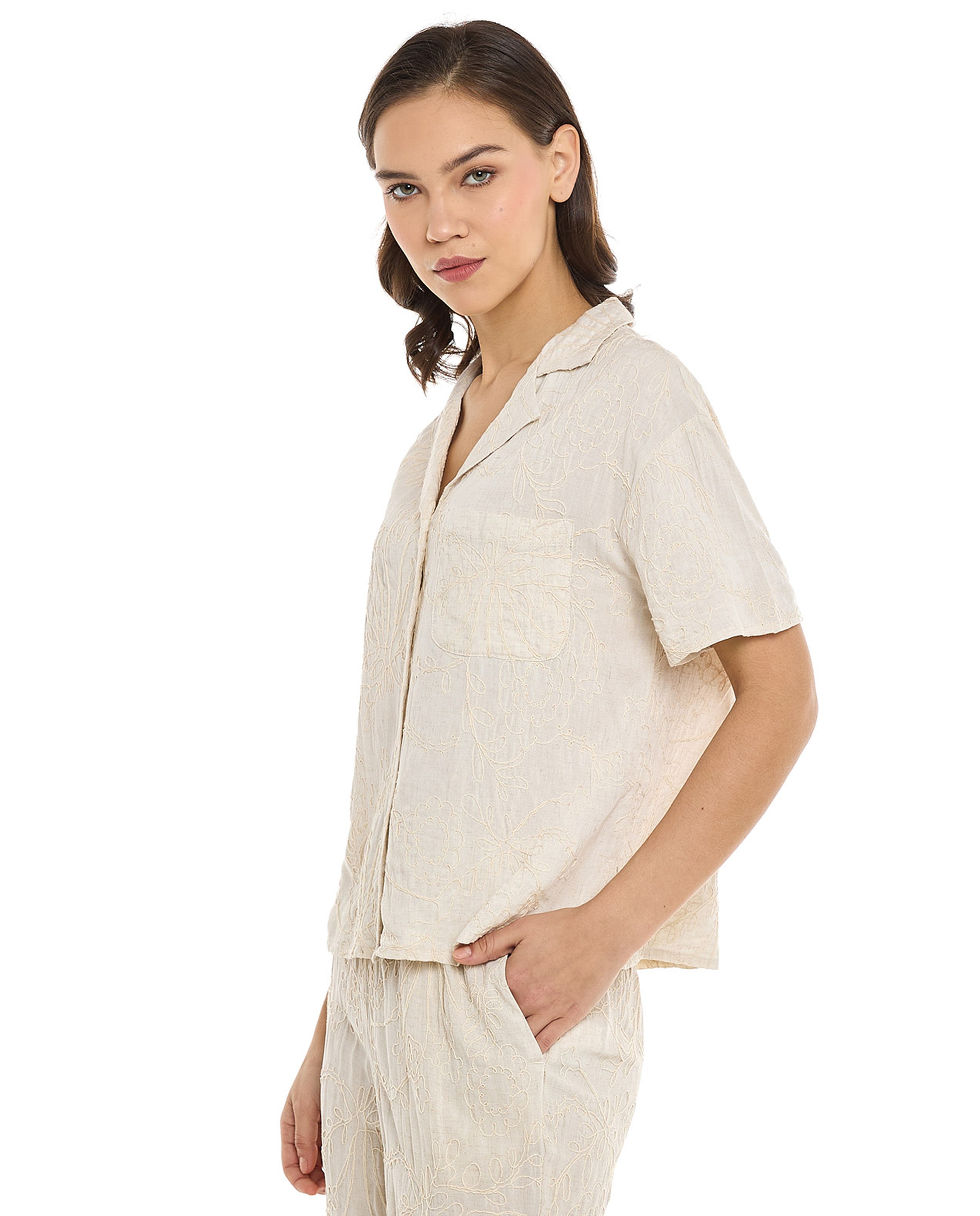 Embroidered Shirt with Revere Collar and Short Sleeves