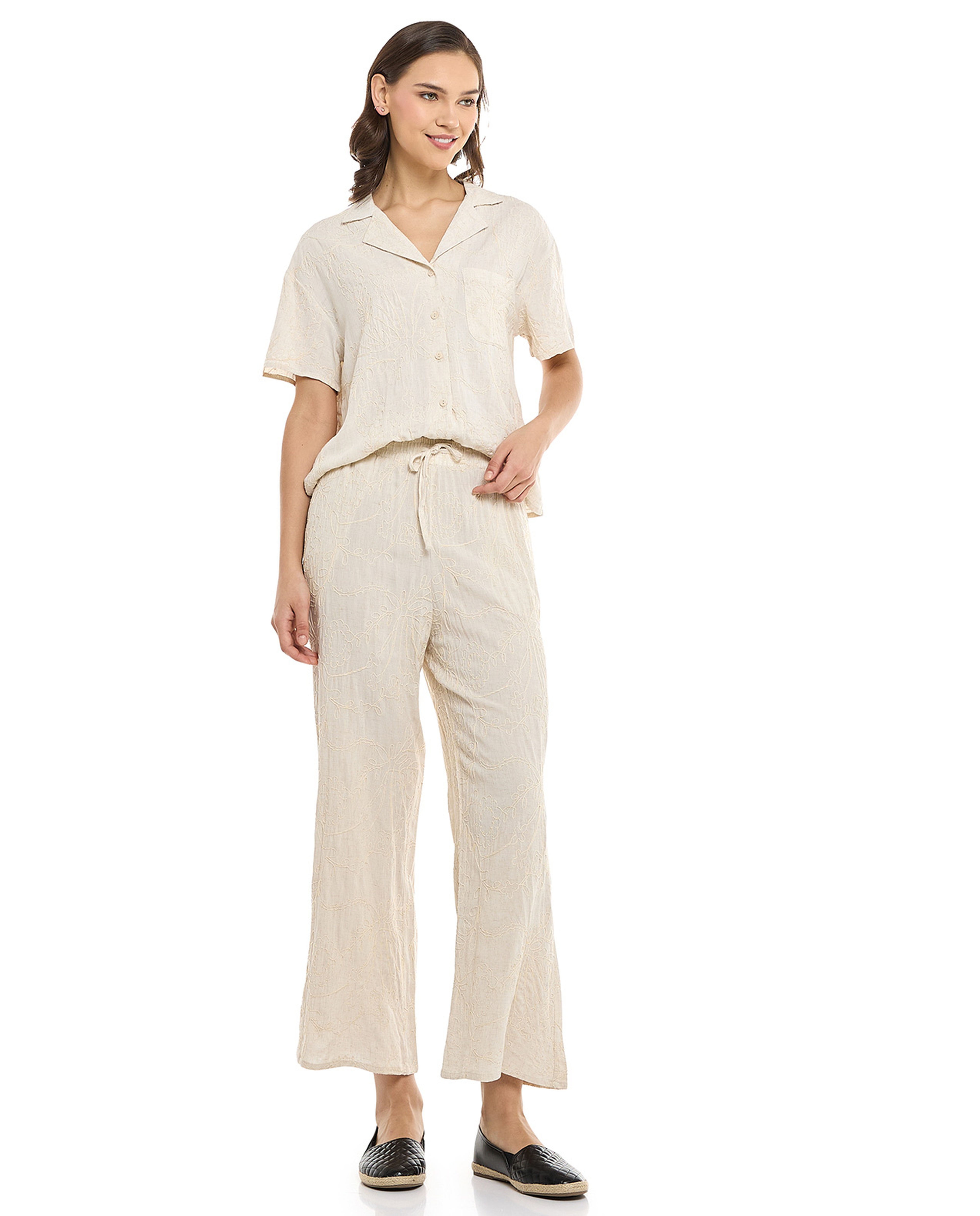 Embroidered Pants with Drawstring Waist