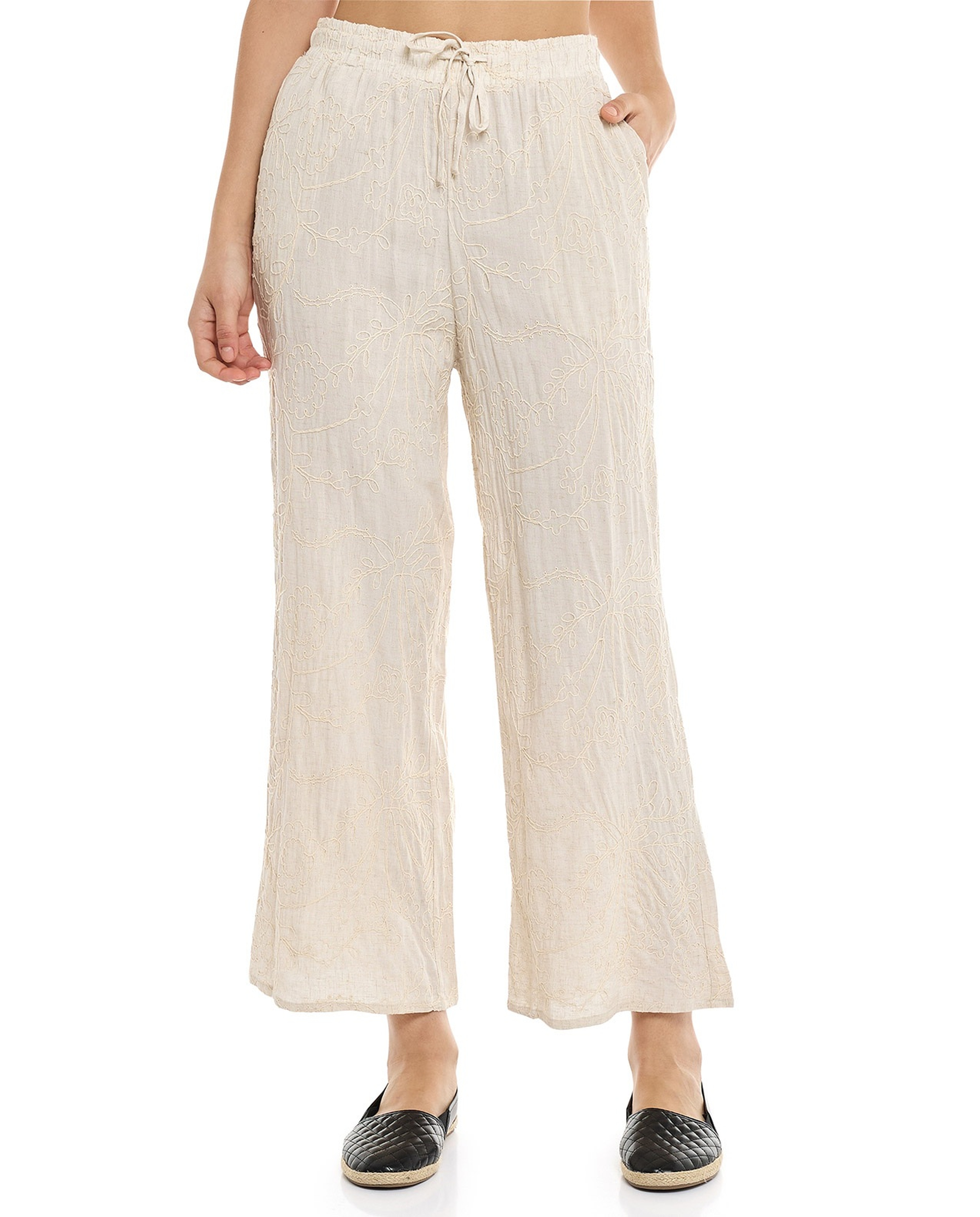 Embroidered Pants with Drawstring Waist