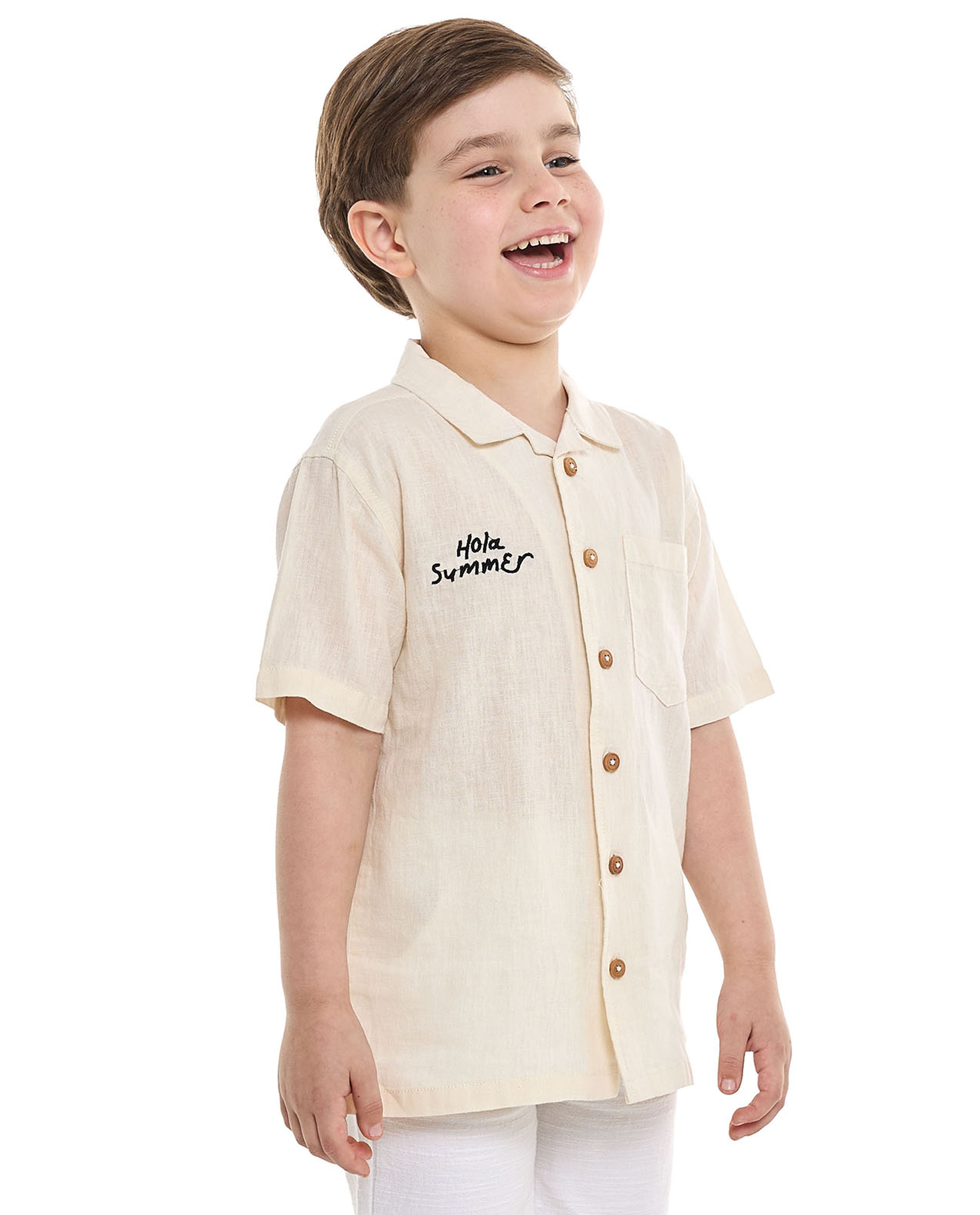 Embroidery Detail Shirt with Classic Collar and Short Sleeves