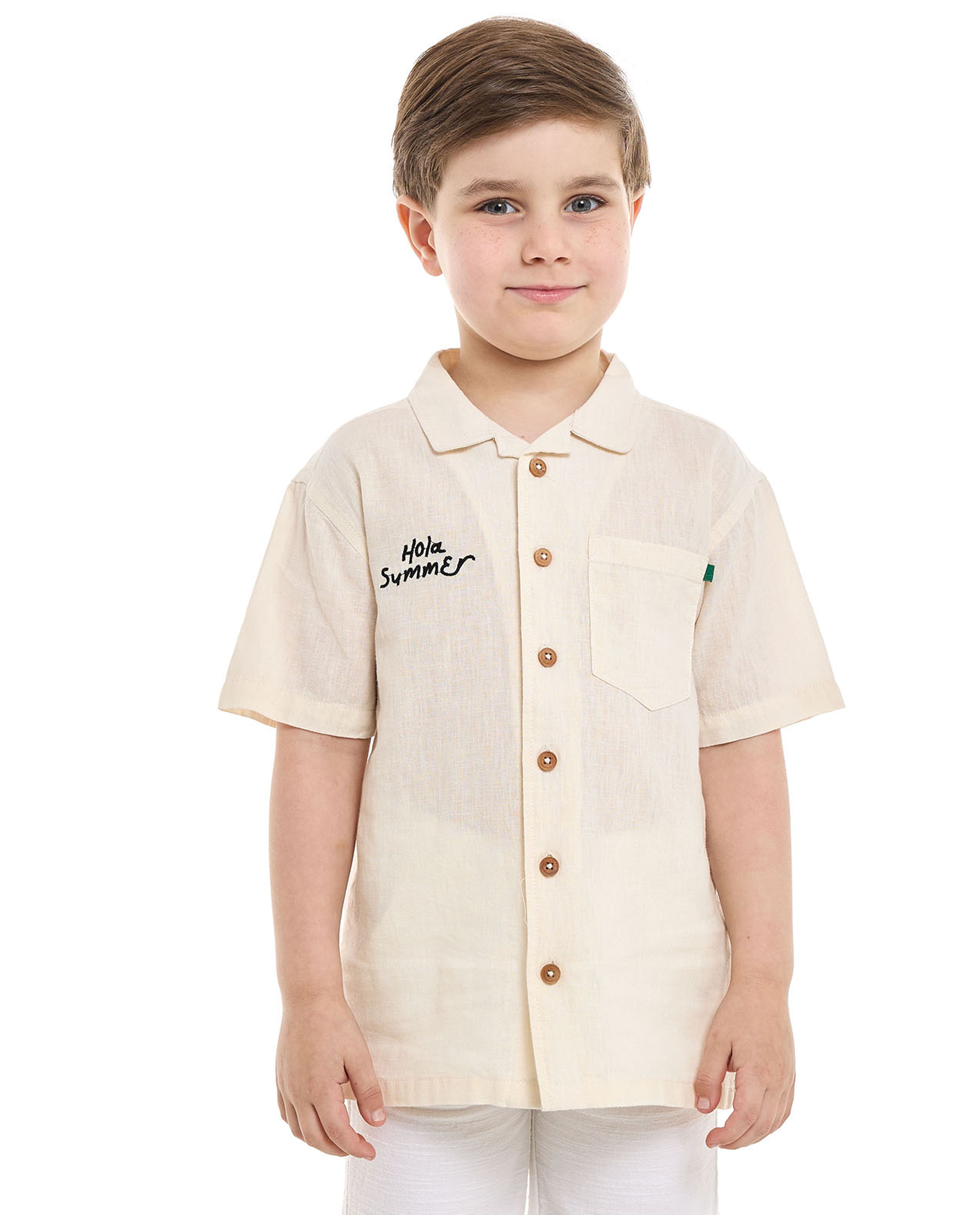 Embroidery Detail Shirt with Classic Collar and Short Sleeves
